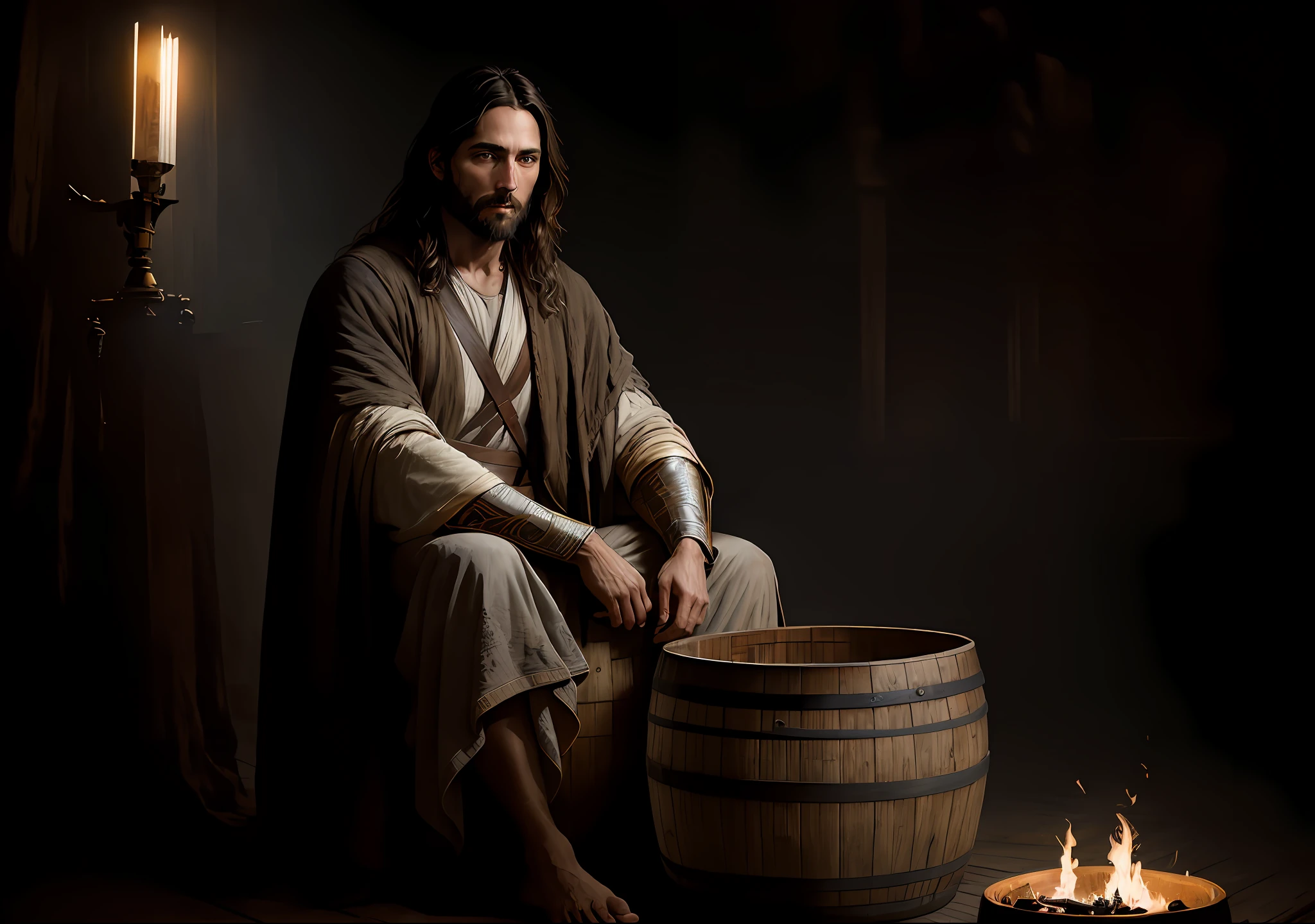 JESUS CHRIST sitting in the barrel Dark photo: realistic epic, soft cinematic portrait, adobe lightroom, photographic lab, highly detailed, faded, art by Greg Rutkowski and artgerm ,neutral colors: 1,2), (hdr:1,4) , (soft colors:1.2), hyperdetailed, (artstation:1.4), cinematic, warm lights, dramatic light, (intricate details:1.1), complex background, (rutkowski:0.66), (blue and orange:0.4)