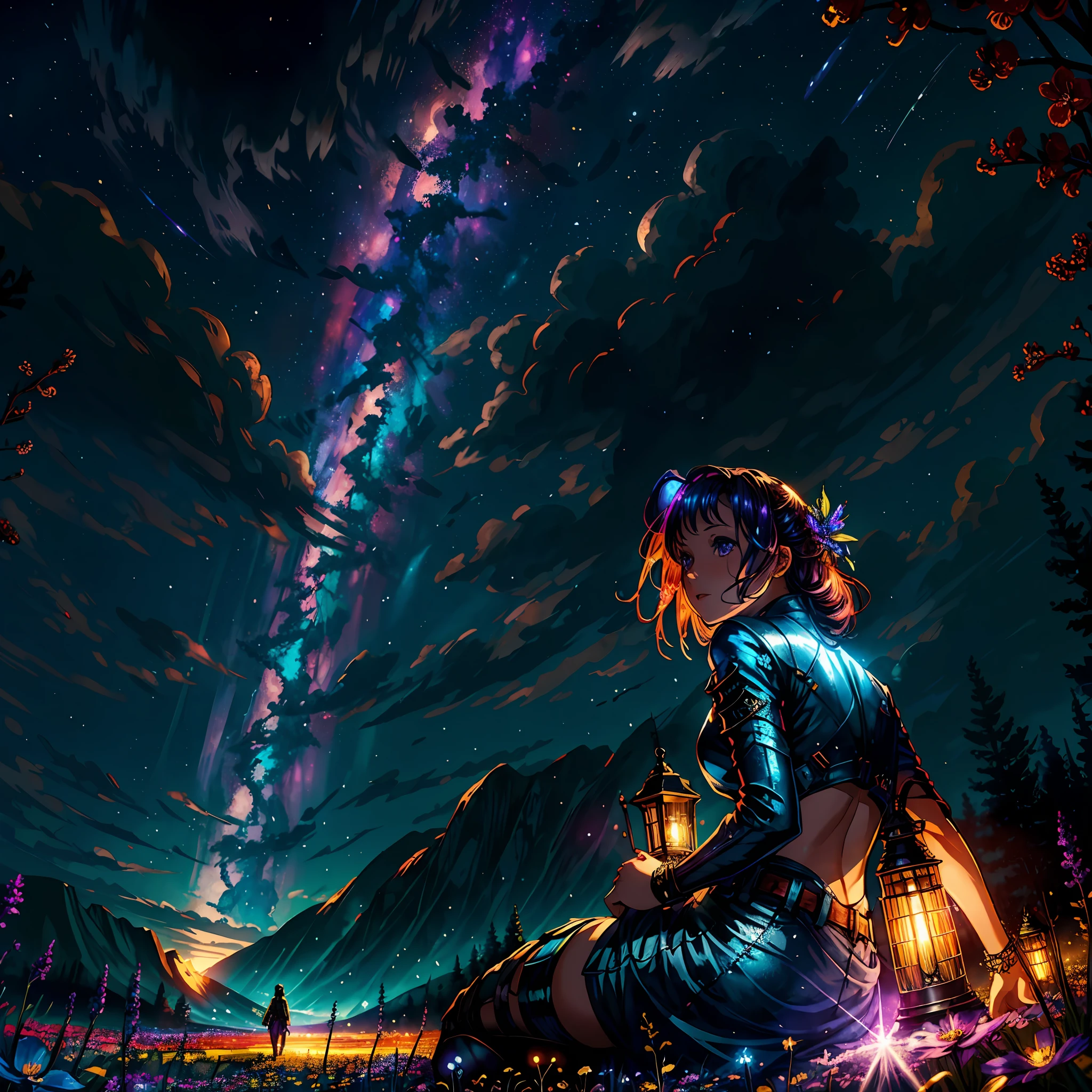 expansive landscape photograph , (a view from below that shows sky above and open field below), a girl lying down on flower field looking up, (full moon:1.2), ( shooting stars:0.9), (nebula:1.3), distant mountain, tree ,rain bow, Starry night,BREAK
production art, (warm light source:1.2), (Firefly:1.2), lamp, lot of purple and orange, intricate details, volumetric lighting, realism BREAK
(masterpiece:1.2), (best quality), 4k, ultra-detailed, (dynamic composition:1.4), highly detailed, colorful details,( iridescent colors:1.2), (glowing lighting, atmospheric lighting), dreamy, magical, (solo:1.2)