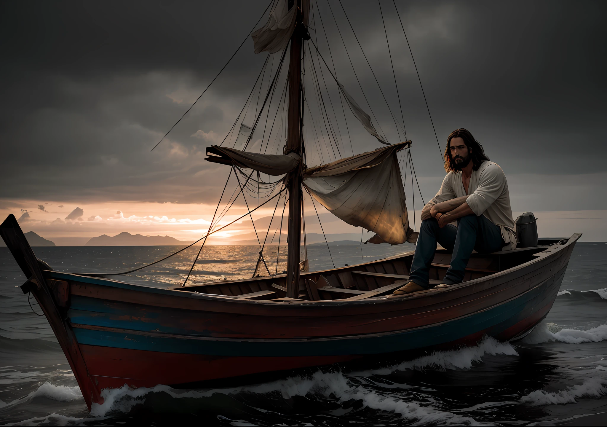 JESUS CHRIST sitting next to an old boat the sea dark photo: realistic epic, soft cinematic portrait, adobe lightroom, photographic lab, highly detailed, faded, art by greg rutkowski and artgerm ,neutral colors: 1,2), (hdr:1,4) , (soft colors:1.2), hyperdetailed, (artstation:1.4), cinematic, warm lights, dramatic light, (intricate details:1.1), complex background, (rutkowski:0.66), (blue and orange:0.4)