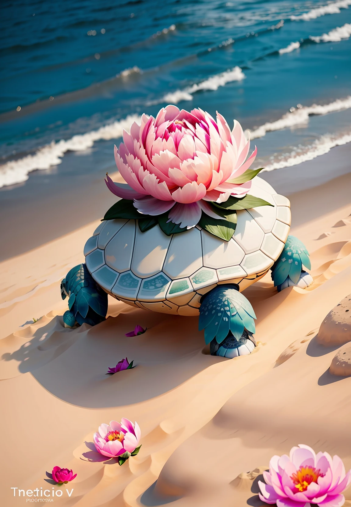 /imagine prompt: photorealistic turtle shell on sand, peony flowers around, game design, high quality, white background, dimetric view,