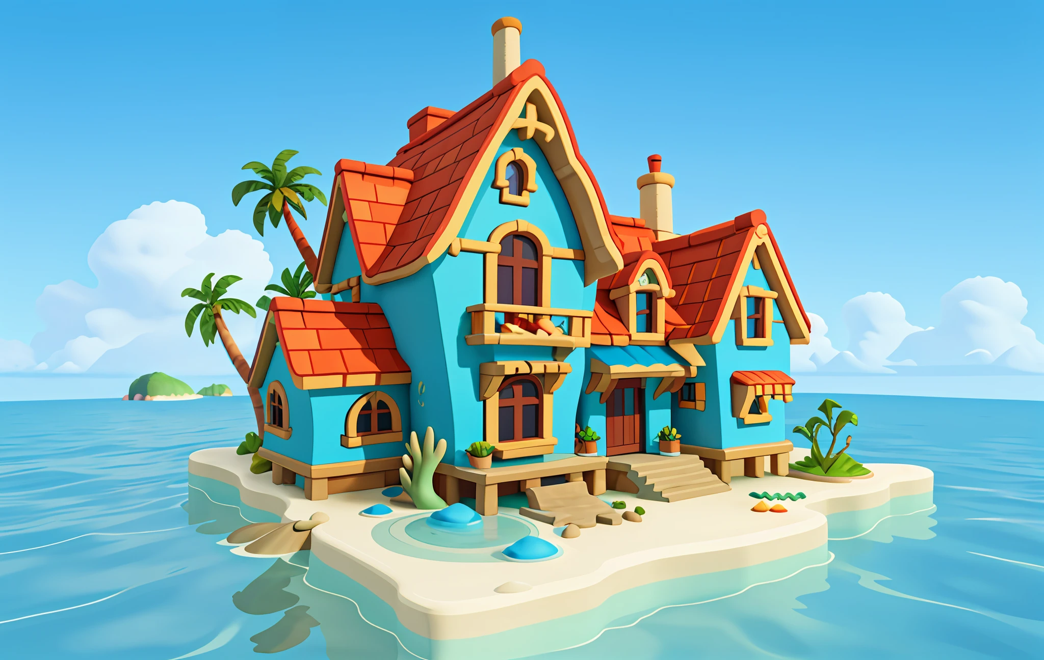 Cartoon style, polygon, game architecture design, fantasy, beautiful house under the sea, ocean architecture, sea creatures, casual game style, creative, best details, cartoon style, 3d, blender, masterpiece, best quality, cartoon rendering, 8K