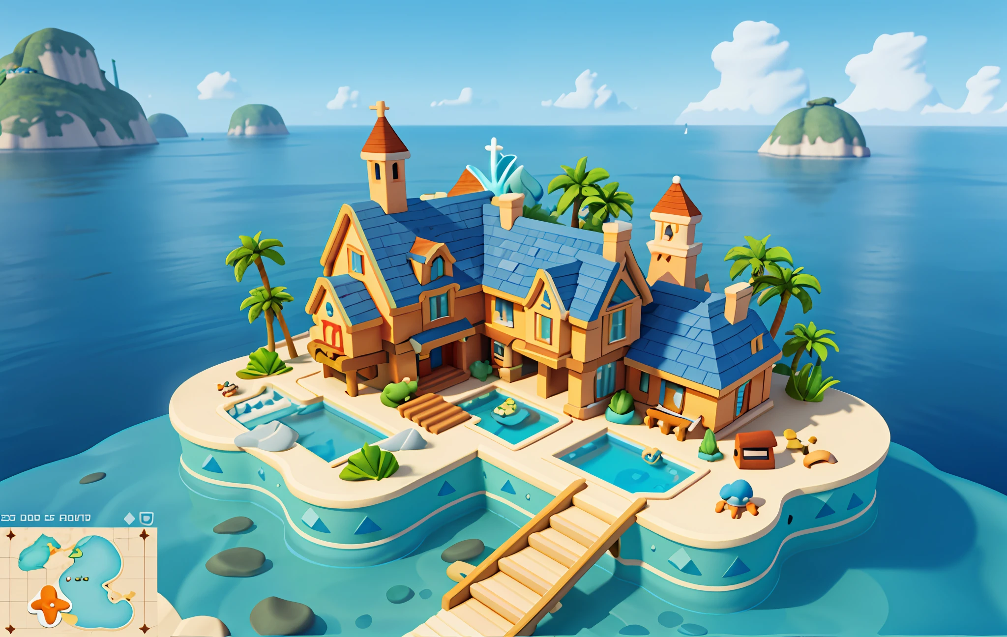 Cartoon style, polygon, game architecture design, fantasy, beautiful house under the sea, ocean architecture, sea creatures, casual game style, creative, best details, cartoon style, 3d, blender, masterpiece, best quality, cartoon rendering, 8K