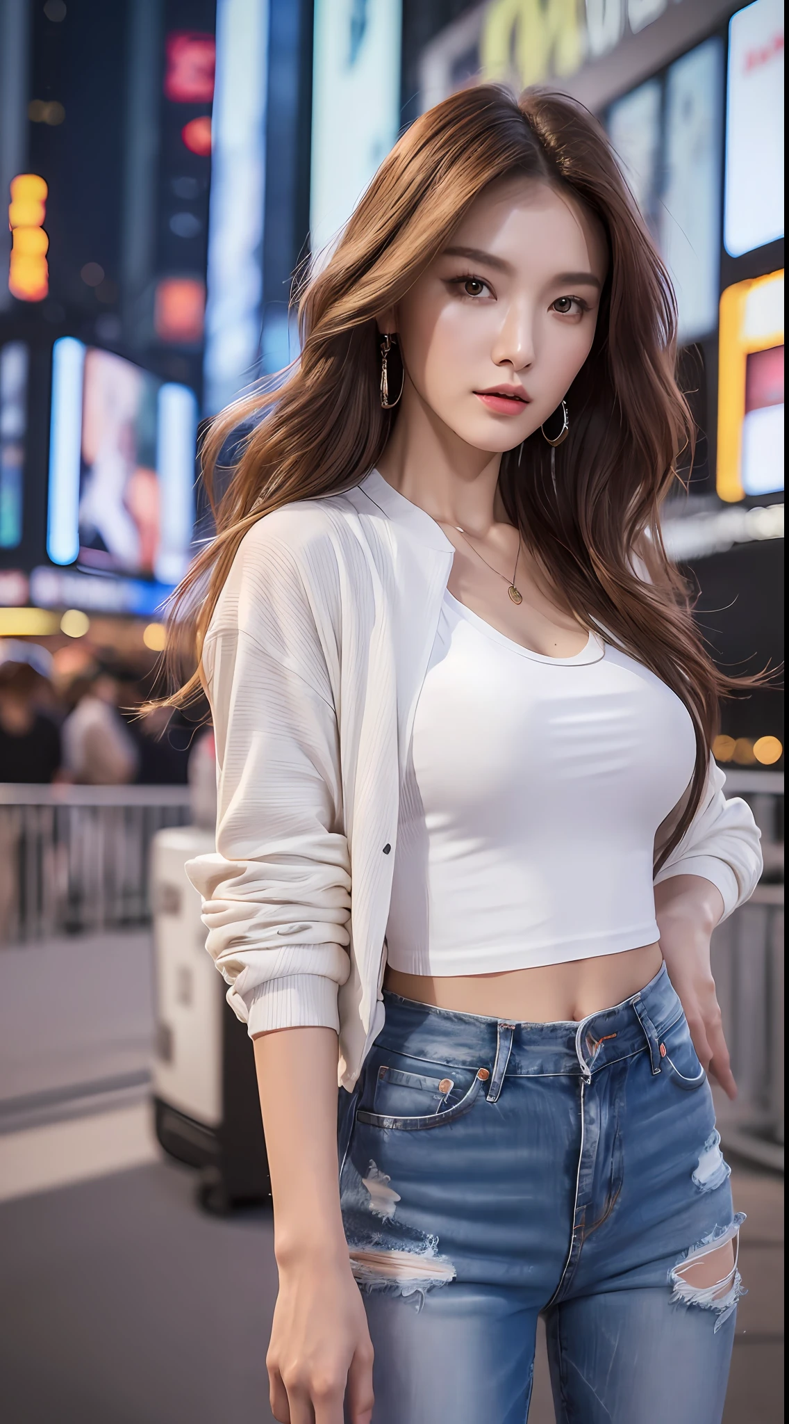 (Best quality, 8k, High resolution, Masterpiece :1.3), A tall and pretty woman, Slender figure, Dark brown hair styled in loose waves, White t-shirt covered by open jacket, Jean pants, (Time square at night), Details exquisitely rendered in the face and skin texture, Detailed eyes, Double eyelid