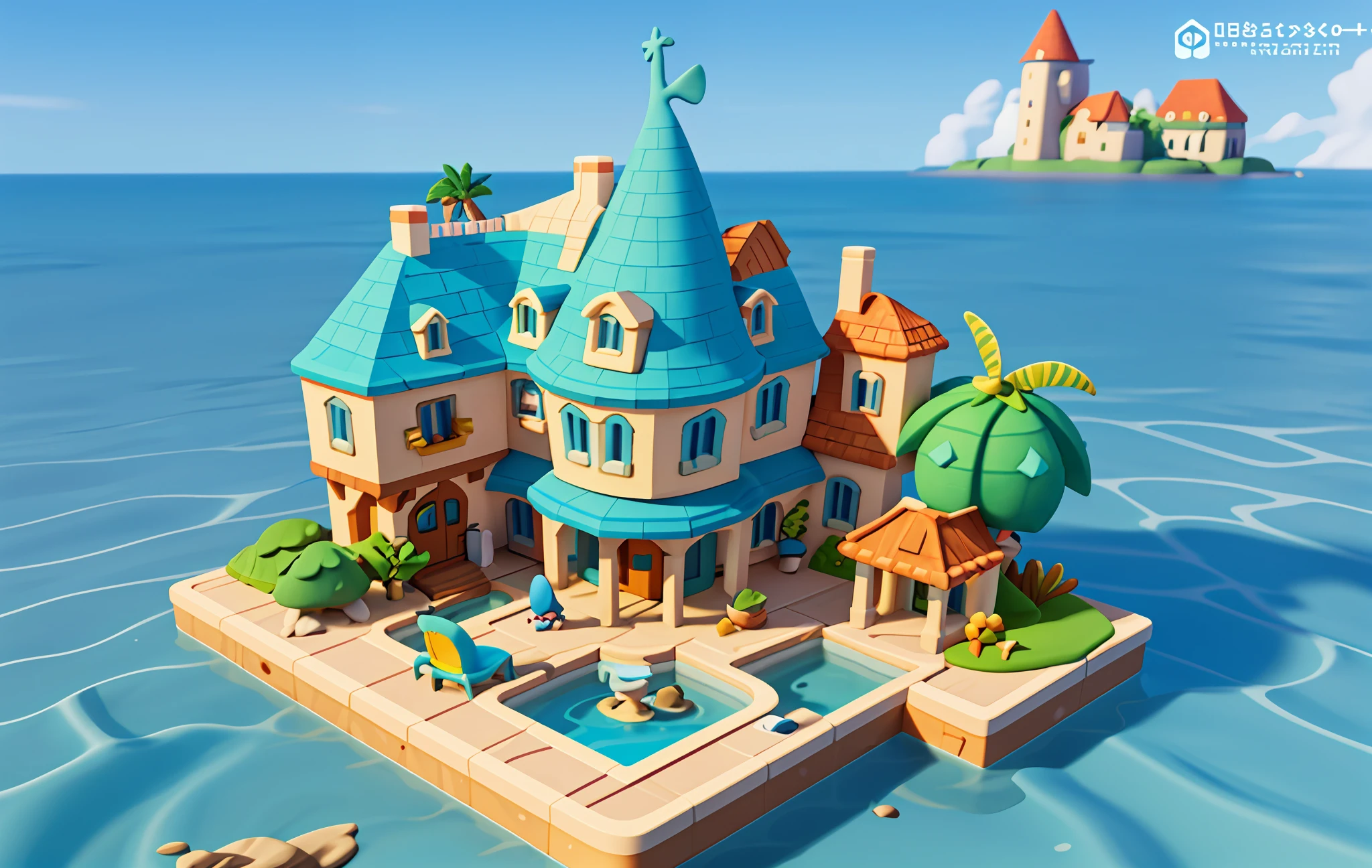 Cartoon style, polygon, game architecture design, fantasy, beautiful house under the sea, ocean architecture, sea creatures, casual game style, creative, best details, cartoon style, 3d, blender, masterpiece, best quality, cartoon rendering, 8K