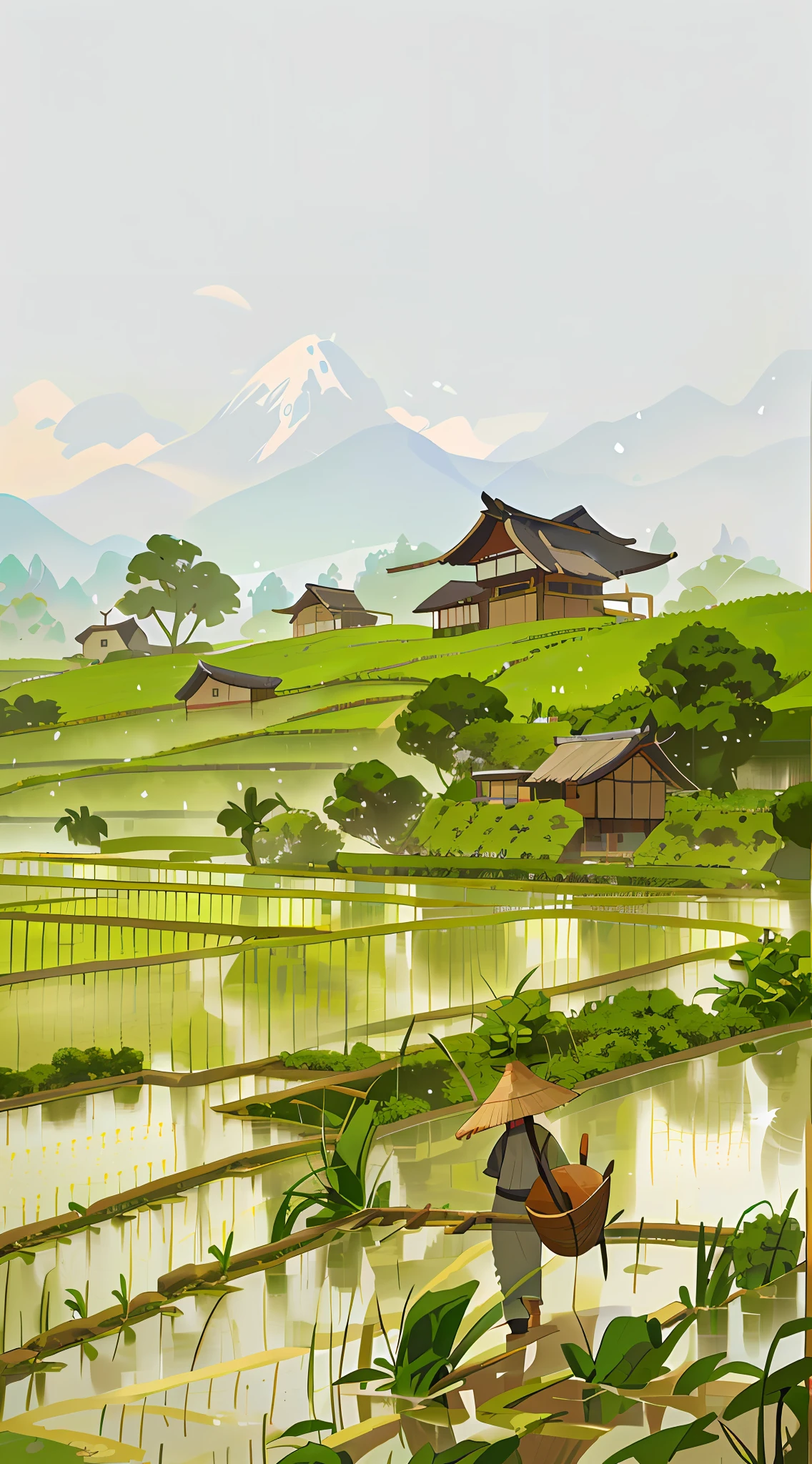 There is a man walking through a rice field, in the background is a hut with rice fields, rice fields, neat rice seedlings in the fields, misty rain, villages, agriculture, in the tranquil landscape, misty weather, in the vast peaceful landscape, in the early morning, in the morning mist, behind a small village, mist, Japanese countryside, thatched roofs --v 6
