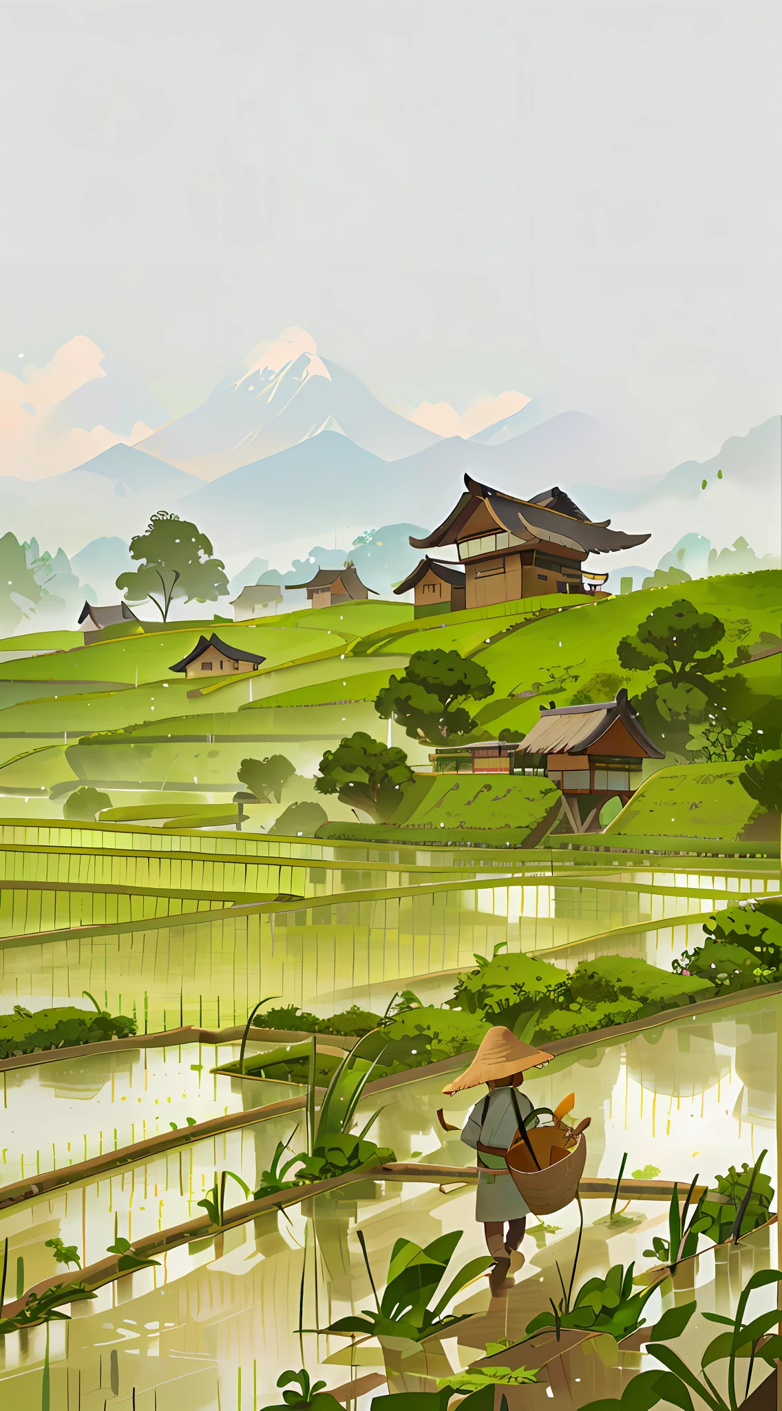 There is a man walking through a rice field, in the background is a hut with rice fields, rice fields, neat rice seedlings in the fields, misty rain, villages, agriculture, in the tranquil landscape, misty weather, in the vast peaceful landscape, in the early morning, in the morning mist, behind a small village, mist, Japanese countryside, thatched roofs --v 6