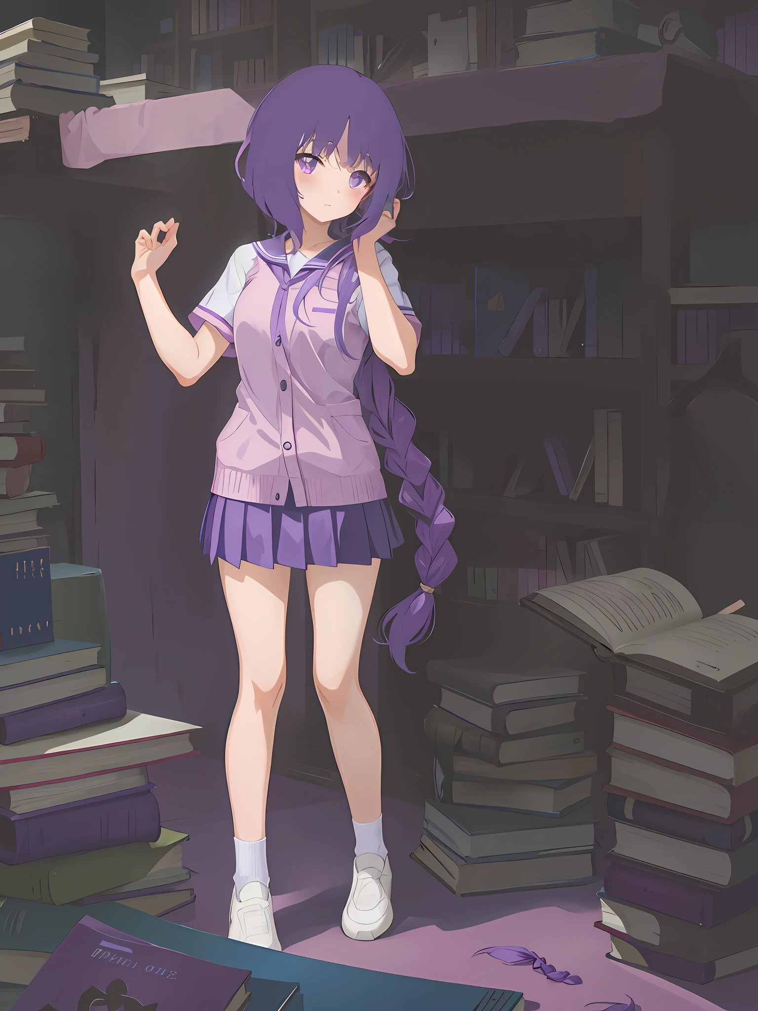 Anime purple twist braid type girl in purple school uniform standing in front of a pile of books