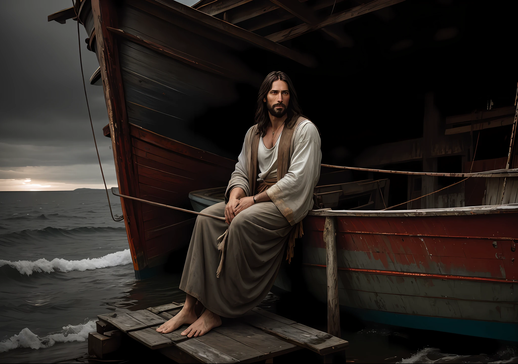 JESUS CHRIST sitting next to an old boat the sea dark photo: realistic epic, soft cinematic portrait, adobe lightroom, photographic lab, highly detailed, faded, art by greg rutkowski and artgerm ,neutral colors: 1,2), (hdr:1,4) , (soft colors:1.2), hyperdetailed, (artstation:1.4), cinematic, warm lights, dramatic light, (intricate details:1.1), complex background, (rutkowski:0.66), (blue and orange:0.4)