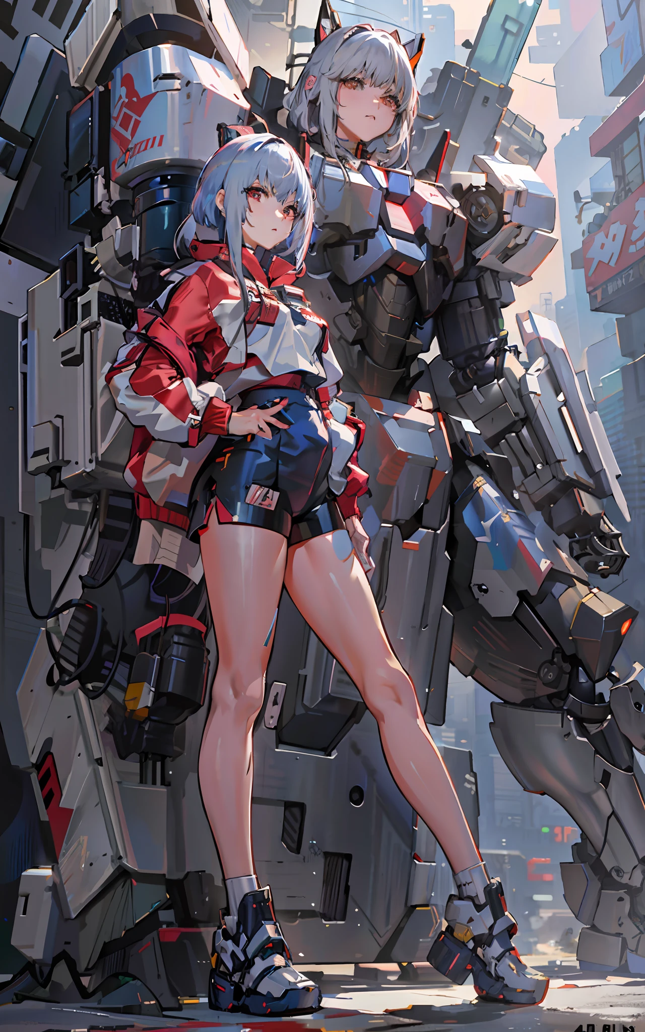 Anime girl in shorts and jacket standing next to giant robot, HD, guweiz style artwork, cyberpunk anime girl mecha, trend on cgstation, guweiz, Russell Dongjun Lu, digital cyberpunk anime art, ross tran 8 k, guweiz on artstation pixiv, girl in mecha network armor