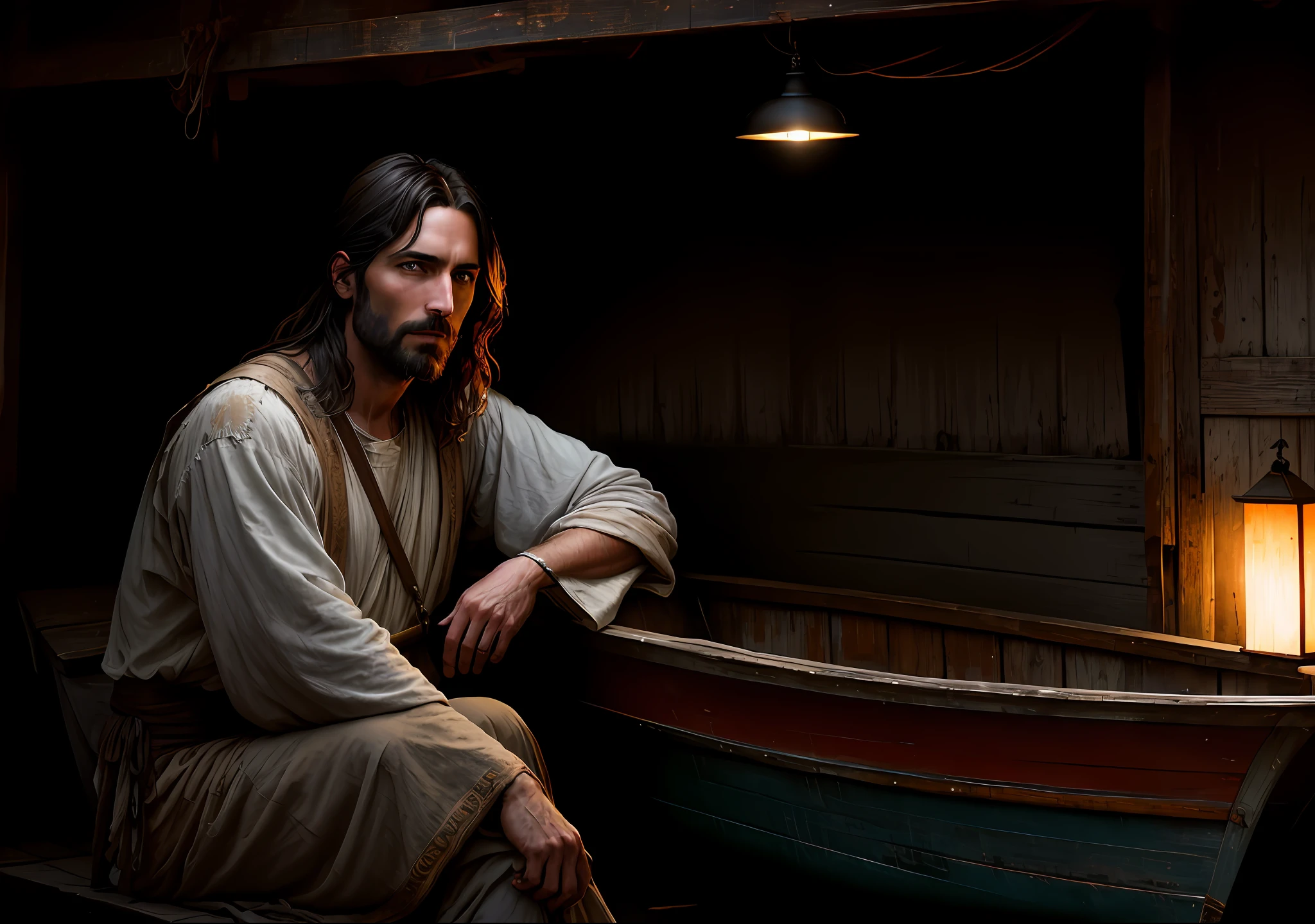 JESUS CHRIST sitting next to an old boat Dark photo: realistic epic, soft cinematic portrait, adobe lightroom, photographic lab, highly detailed, faded, art by Greg Rutkowski and artgerm ,neutral colors: 1,2), (hdr:1,4) , (soft colors:1.2), hyperdetailed, (artstation:1.4), cinematic, warm lights, dramatic light, (intricate details:1.1), complex background, (rutkowski:0.66), (blue and orange:0.4)