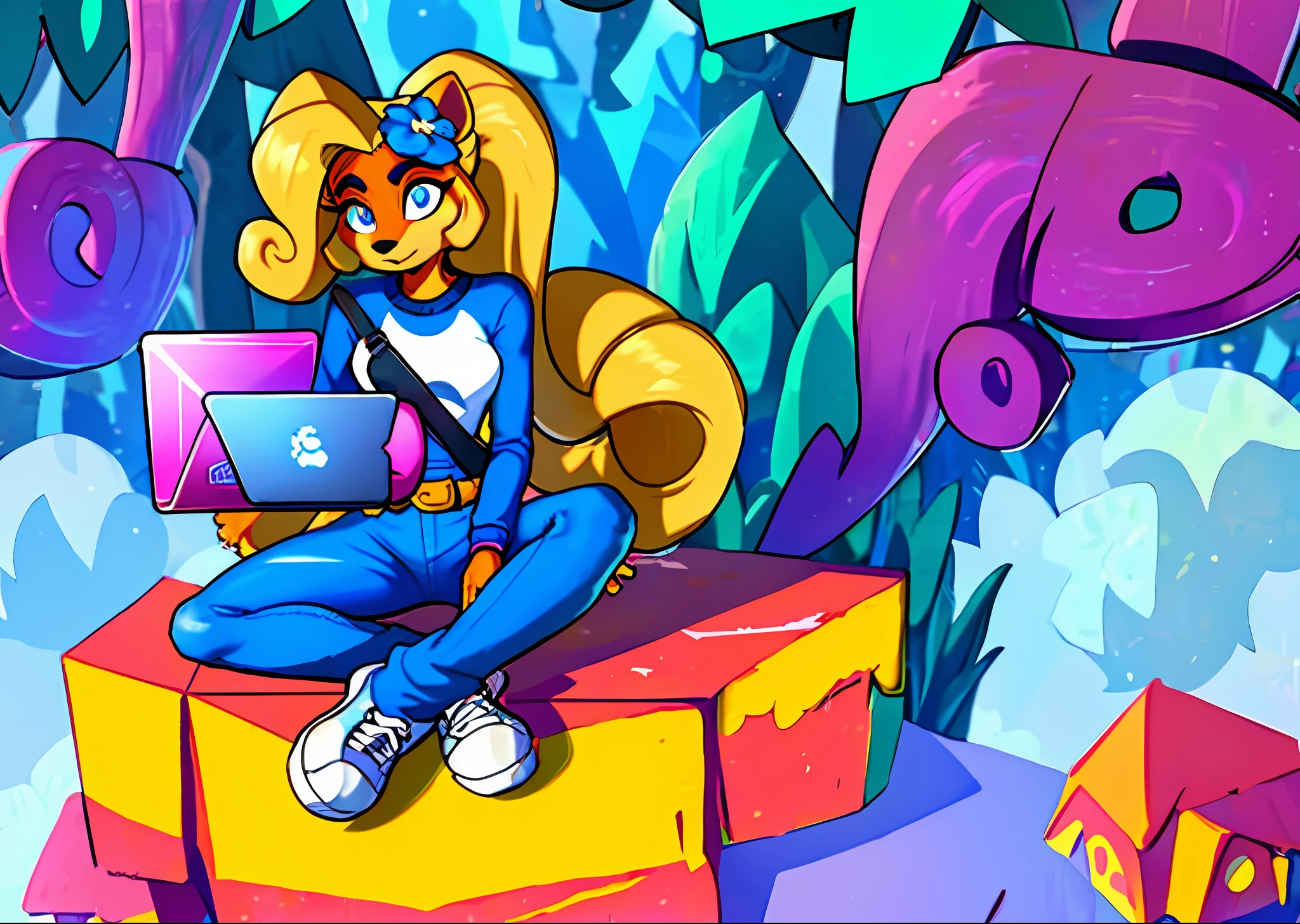 coco, furry, (((stylish cartoon))), (((masterpiece))), (amazing background details), (amazing lighting), blonde hair, ponytail, flower in hair, pointy ears, blue eyes, white shirt (yellow flower in the center), denim jeans (blue), pink and white sneakers, pink nails, (looking on laptop:1.2),  sitting on bench (crossed legs), outside (forest, daytime), light rays (raytracing), (50mm zoom), HD,