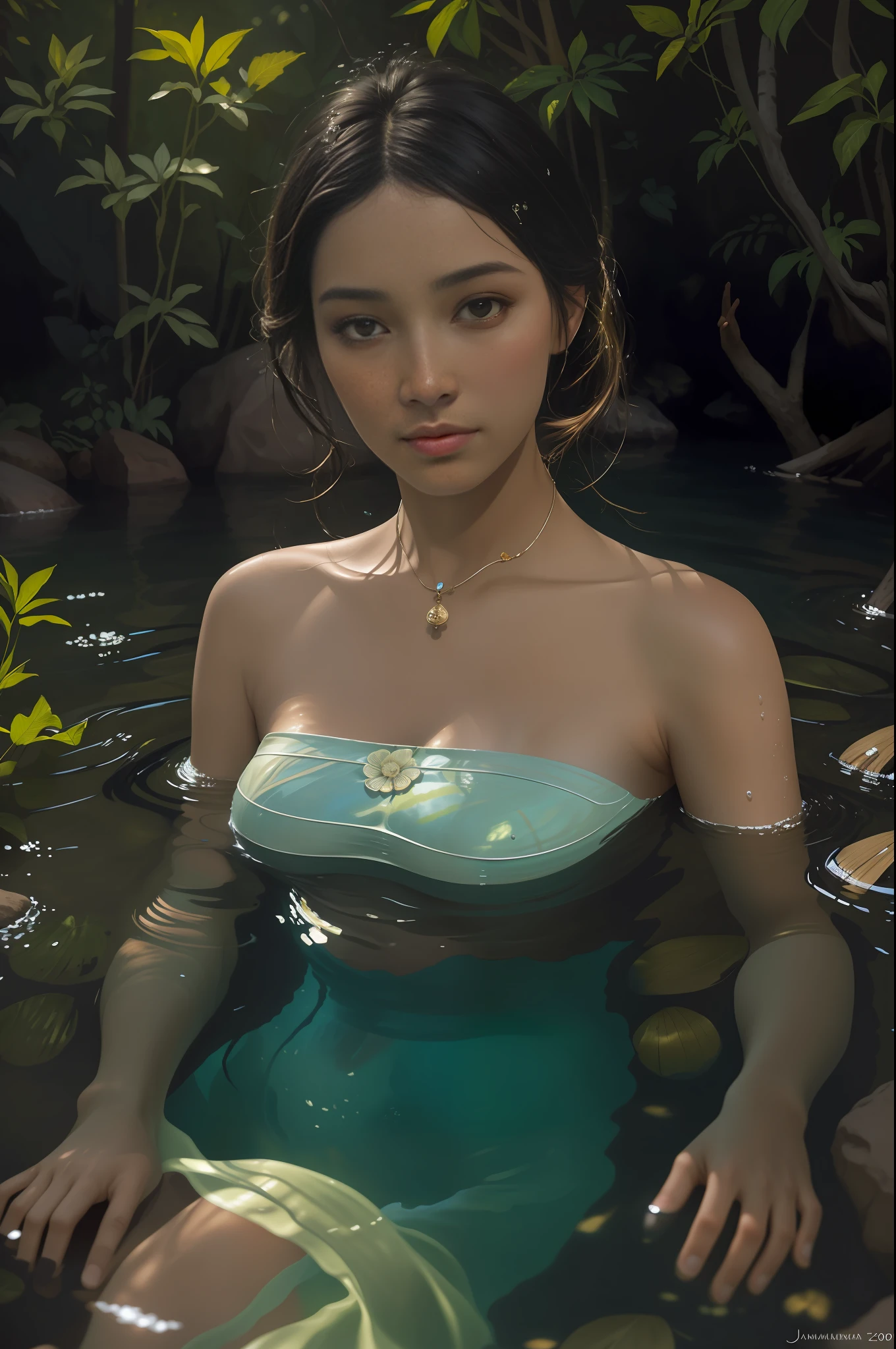 Portrait of Style-Hamunaptra, a half-naked sweet woman bathing in a river, (clear water: 2) reed, (backlit), realistic, masterpiece, highest quality, glare, shadow, bloom, [[chromatic aberration]], by Jeremy Lipking, by Antonio J. Manzanedo, digital painting