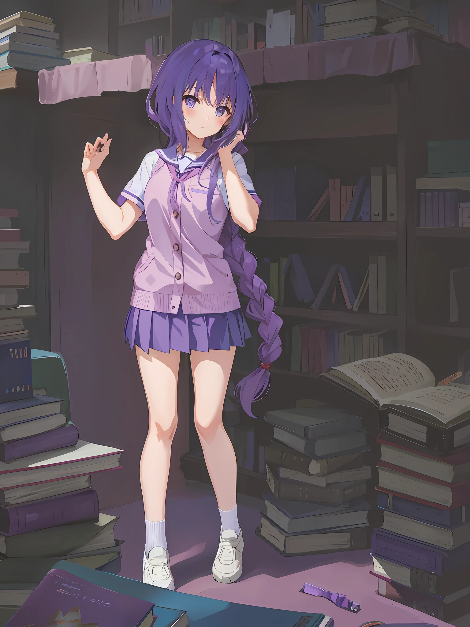 Anime purple twist braid type girl in purple school uniform standing in front of a pile of books