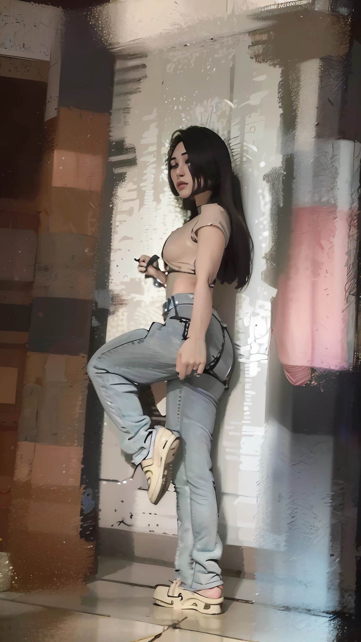 arafed woman standing on a stool in front of a wall with a painting, distorted pose, casual pose, photorealistic!!!!!!! art style, aesthetic!!, full body action pose, with a cool pose, cool pose, aesthetic!!!!, fully clothed. painting of sexy, inspired by Tang Yifen, leaked image, ( ( ( wearing jeans ) ) )