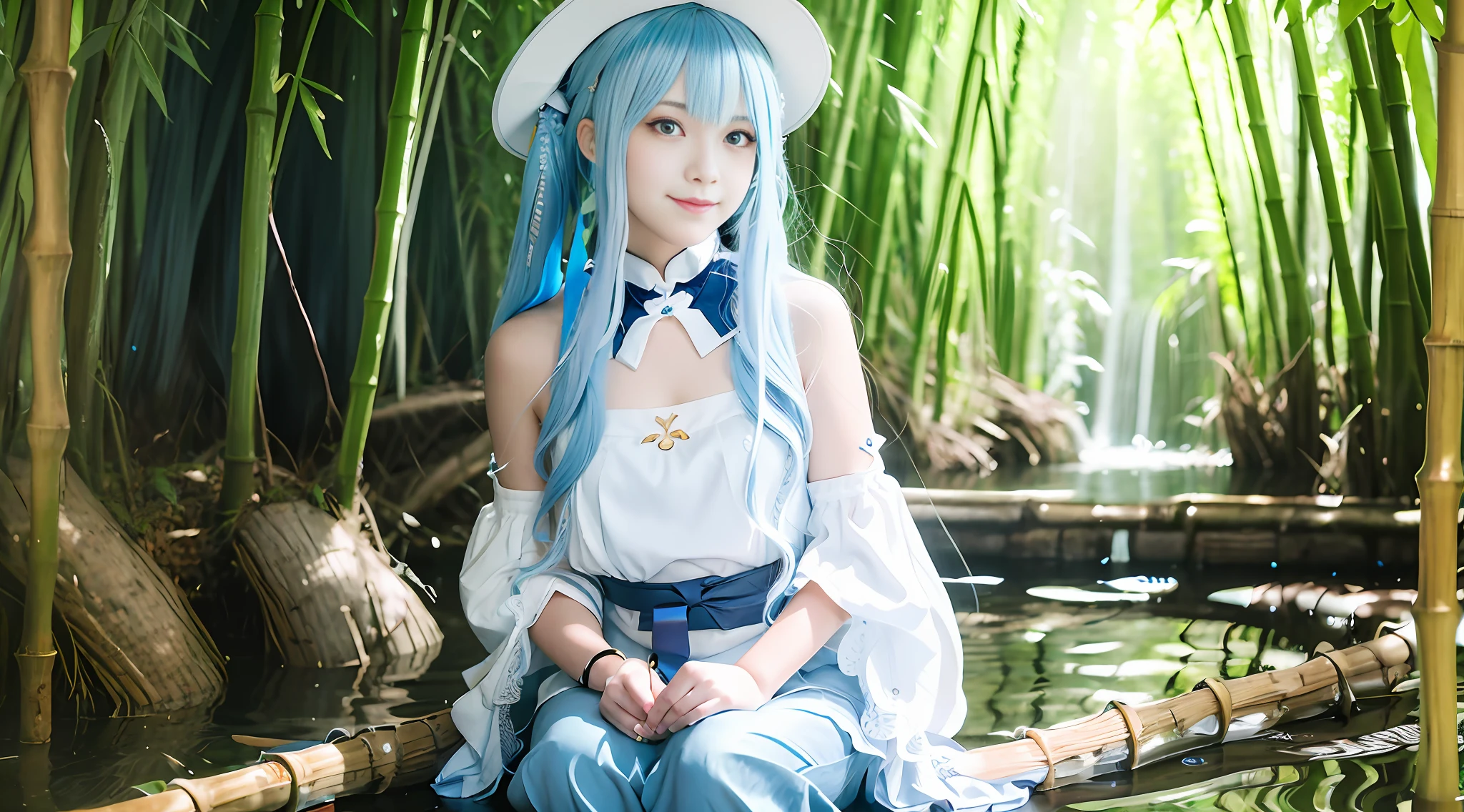 Masterpiece, Best Quality, Official Art, 8k Wallpaper, Very Detailed, Illustration, 1 Girl, Sky Blue Hair, Long Hair, Detailed Eyes, Forrest Gump, Bare Shoulders, Hanfu, Lake, Pure, Soft Smile, bamboo, tea