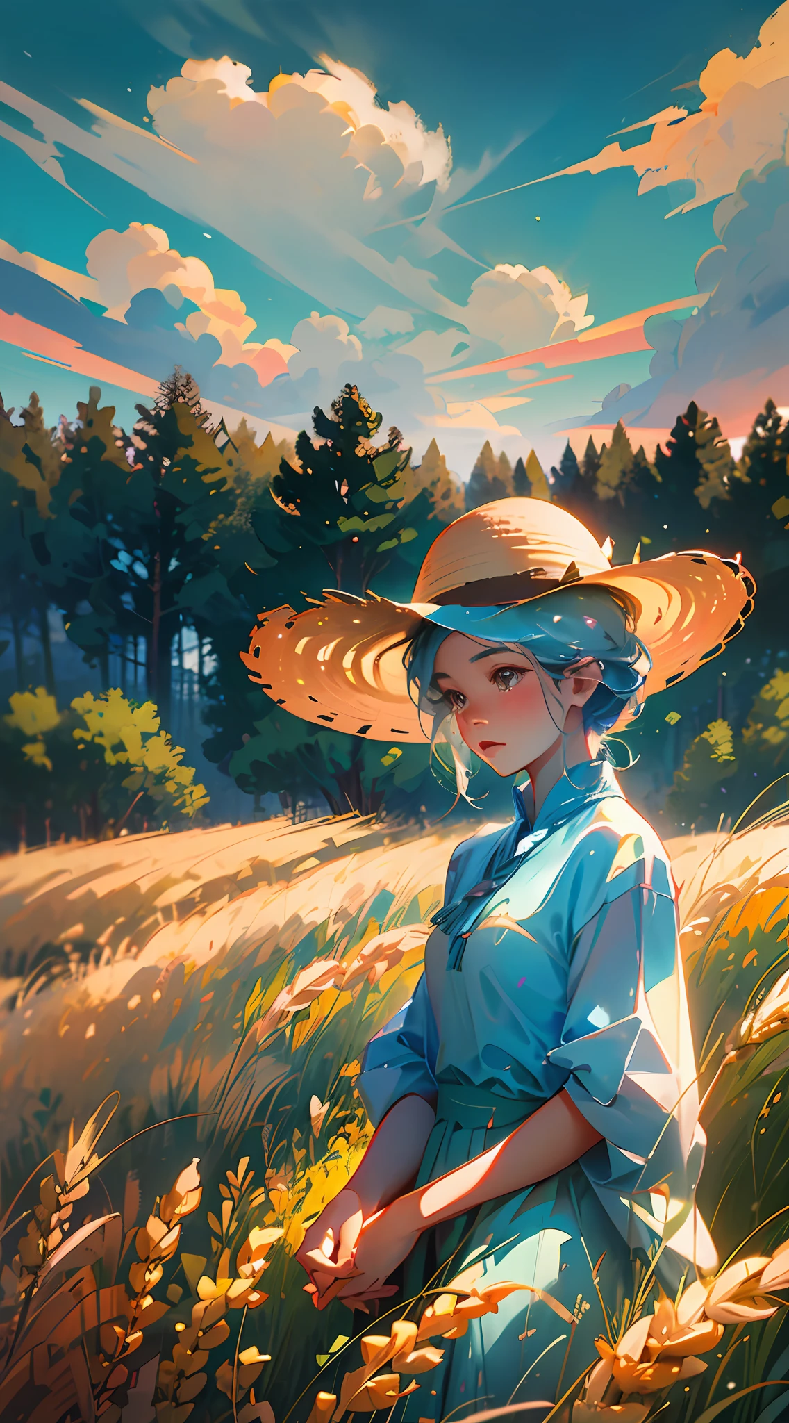 Wheat field, a farmer uncle with a straw hat standing in a wheat field, big clouds, blue sky, rice field, neat rice seedlings in the field, forest, hillside, secluded, rural, HD detail, hyper-detail, cinematic, surrealism, soft light, deep field focus bokeh, ray tracing and surrealism. --v6
