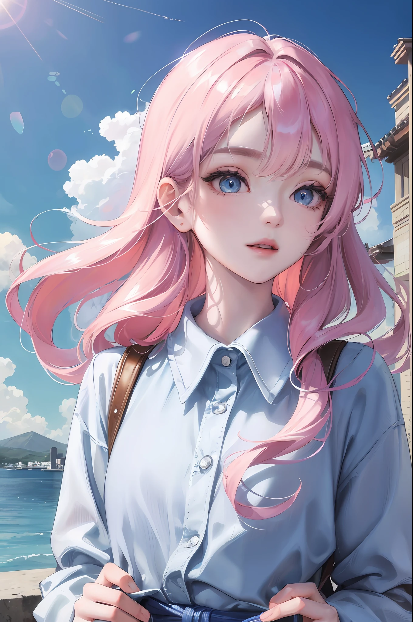 Official fine art, masterpieces, sharp focus, (Beautiful gorgeous cute Korean woman: 1.3), (Beautiful cute Korean: 1.3), Korean beauty, delicate beautiful hair and eyes and face, realistic, super detailed, beautiful girl, backpack, blue sky, glowing white particles, (sidelighting: 1.2), sunlight, white clouds, delicate clouds, slender, smile, scenery, long straight hair, buildings, dynamic hair, long straight hair, fine platinum pink hair, glowing blue eyes, hair accessories, epic scenery,