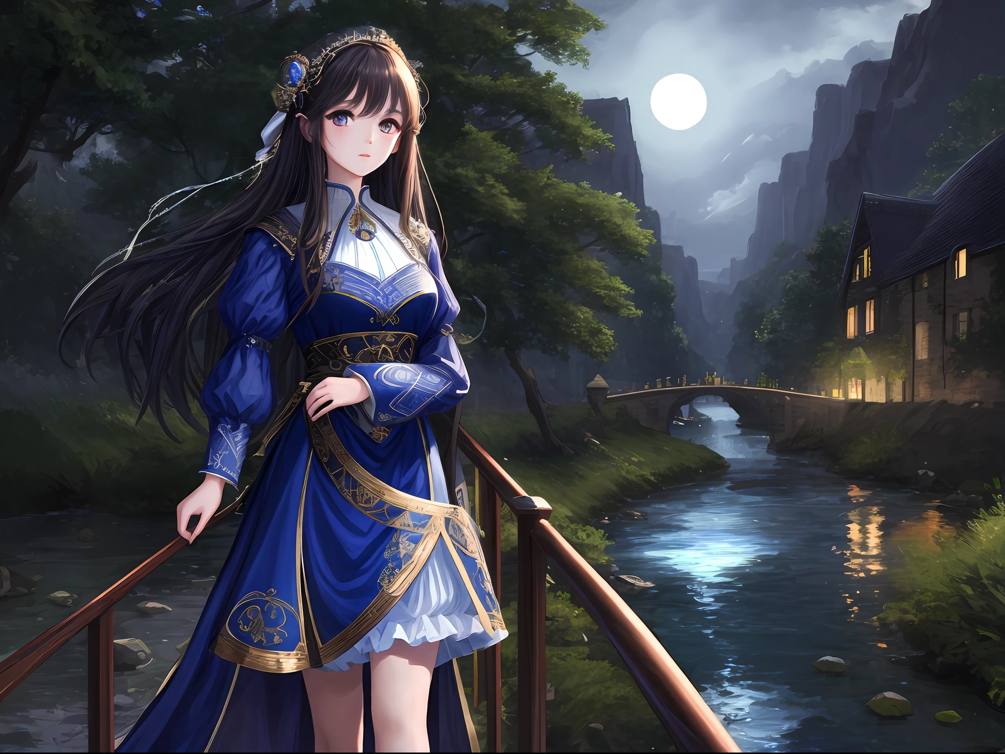 (Masterpiece:1.4), (Best Quality:1.4), Ultra Highres,1girl, Extremely detailed,8K, (Ulzzang-6500:0.1), Beautiful, Delicate Eyes, Fair Complexion, Blue Dress, Walking, By the River, In the Moonlight, Celtic Swirls in the Sky, Volume Lighting, Rich Deep Colors, Clear Focus