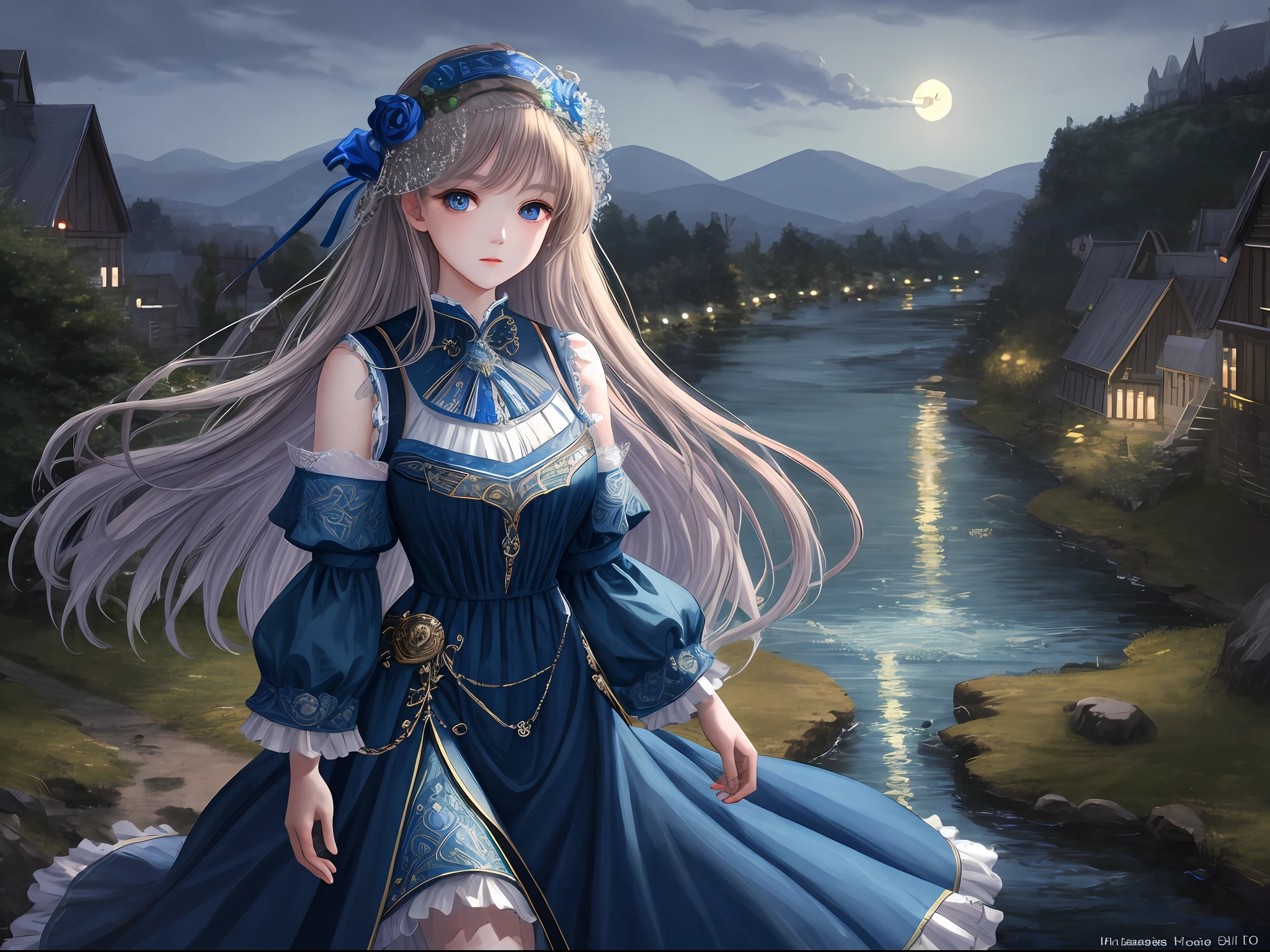 (Masterpiece:1.4), (Best Quality:1.4), Ultra Highres,1girl, Extremely detailed,8K, (Ulzzang-6500:0.1), Beautiful, Delicate Eyes, Fair Complexion, Blue Dress, Walking, By the River, In the Moonlight, Celtic Swirls in the Sky, Volume Lighting, Rich Deep Colors, Clear Focus