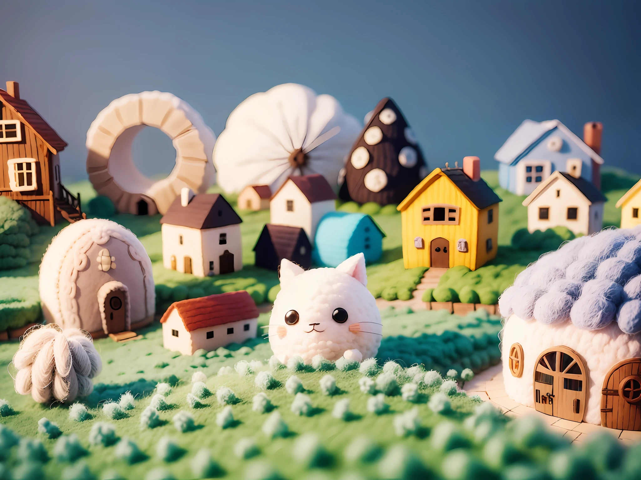 cute world of wool felt, wool knitted fabric, cartoon, some small houses, farms, barracks, warehouses, flower houses, super cute, superb lighting, volumetrics, by Jon Klassen, Ghibli Studio style, Tilt - shift, 80mm lens, Large aperture, 3d, blender, masterpiece, super detail, best quality, --v6