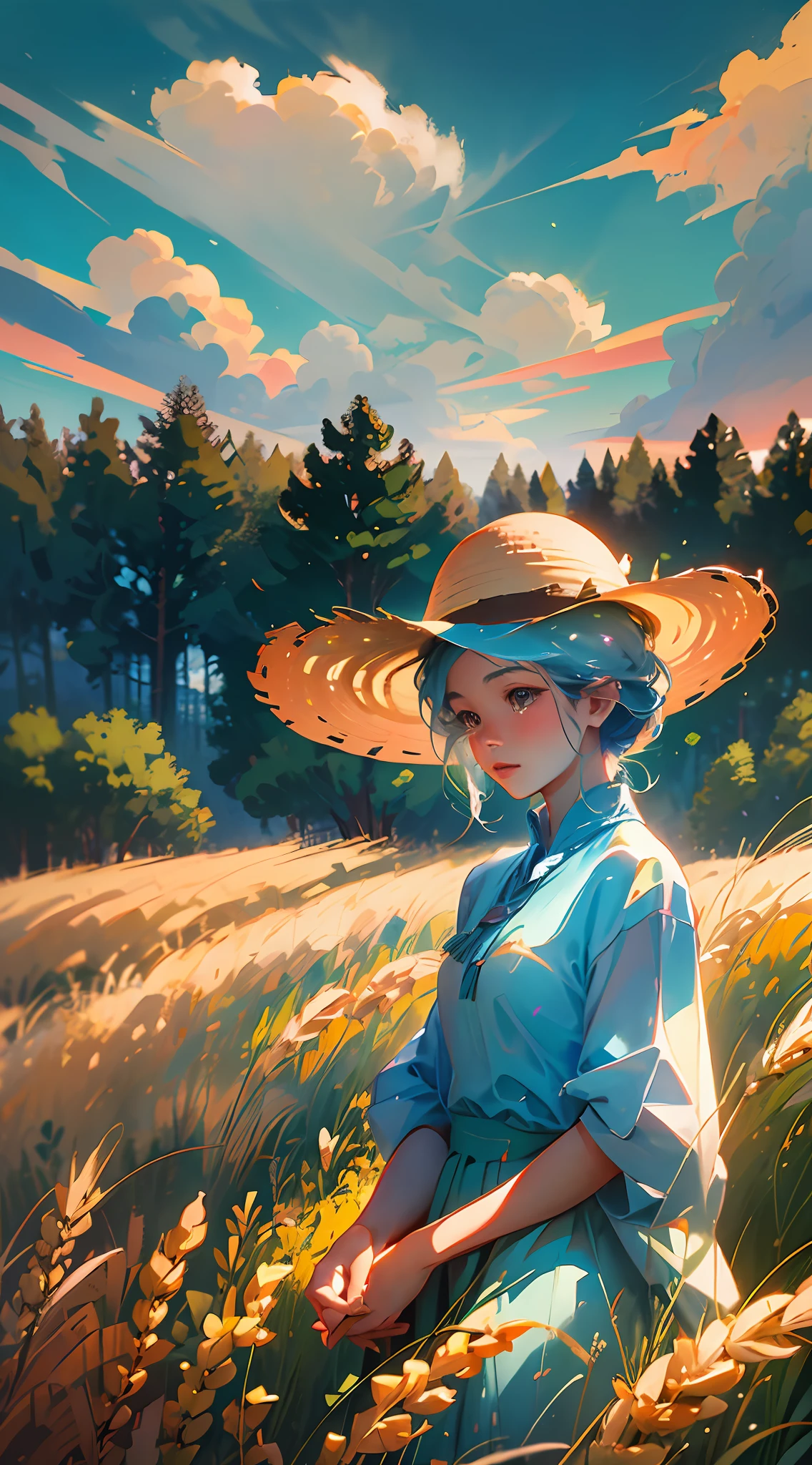 Wheat field, a farmer with a straw hat in a wheat field, big clouds, blue sky, rice field, neat rice seedlings in the field, forest, hillside, secluded, countryside, HD detail, hyperdetail, cinematic, surrealism, soft light, deep field focus bokeh, ray tracing and surrealism. --v6