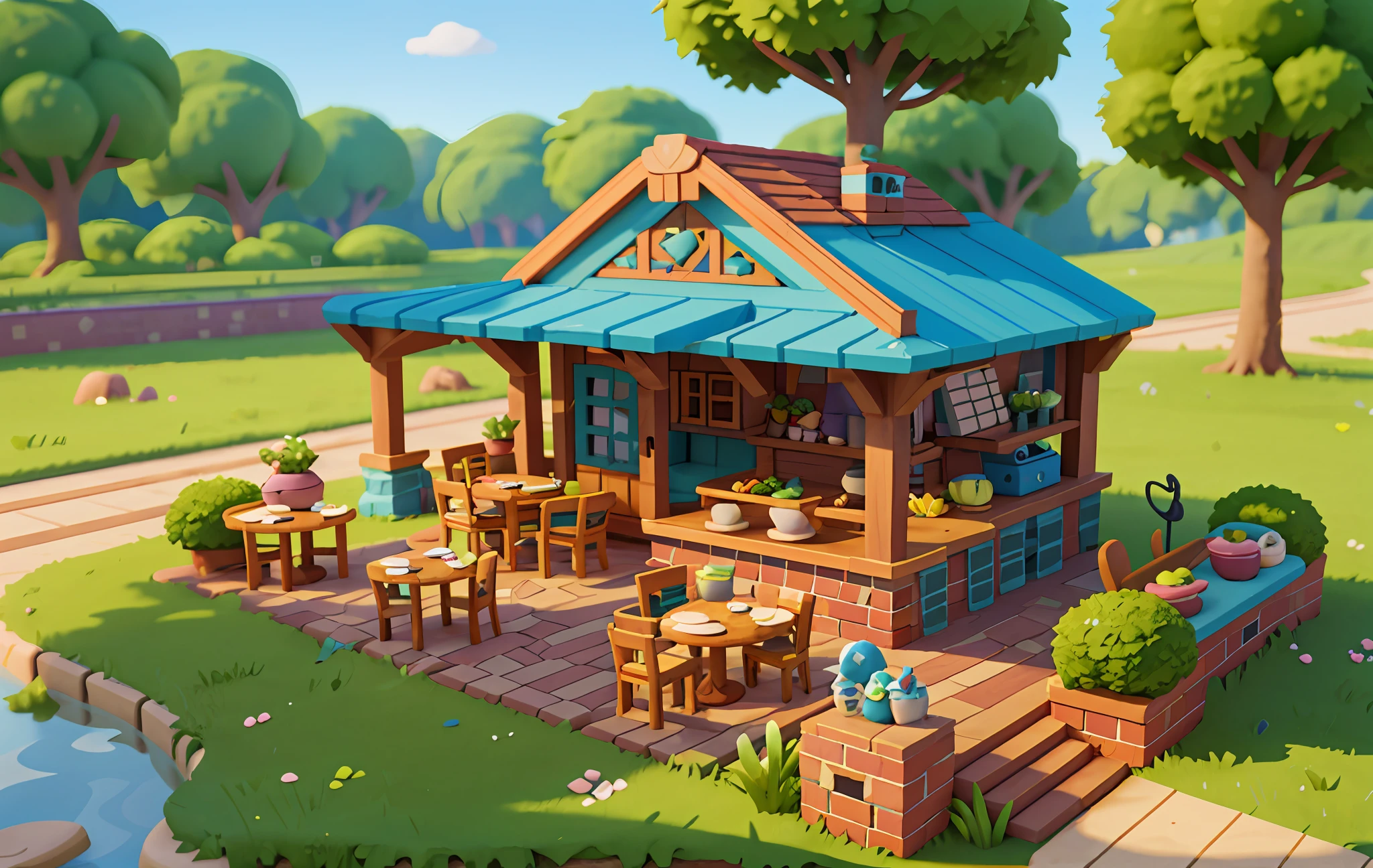 Cartoon style, polygon, game architectural design, fantasy, beautiful restaurant, table, meal, kitchen supplies, stone, brick, grass, river, flower, tree, casual game style, creative, best detail, cartoon style, 3d, blender, masterpiece, best quality, cartoon rendering, 8K