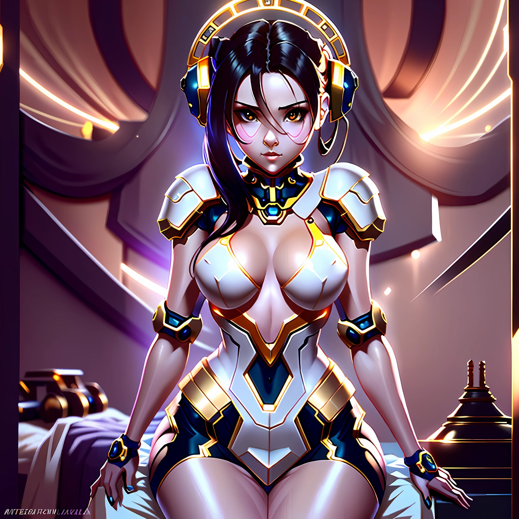 A 26-year-old girl wears a mecha in the bedroom, bare legs, the upper body wears a mecha, the rack has a hollow gold pattern, the background is illusory, the background is blurred, the proportion of characters in the picture is greater than 70%, the girl has more details, integrated into the classical Chinese style, showing her face, there are lights on the rack, showing her chest, and the face is the most fine