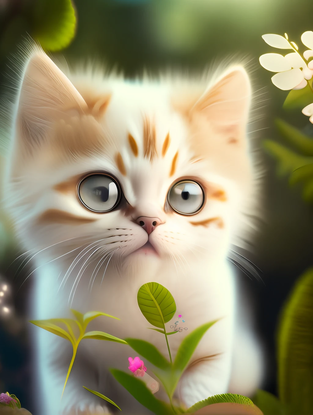 Very cute furry white tropical punk kitten, big eyes, flowers, bushes, full body, open mouth, laugh, professional light, depth of field 8k, golden magic moment, professional photography, octane rendering, super realistic - amazing sunlight, dynamic composition, photography, sharp focus, background bokeh, open mouth, laugh !!!