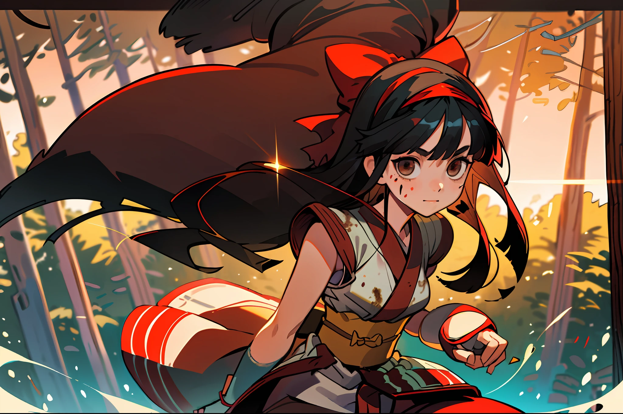 masterpiece, best quality,1girl, red bow, bow, long hair, hair bow, ainu clothes, solo, hairband, black hair, fingerless gloves, short sleeves, gloves, sash, pants, bangs, red hairband, weapon, breasts, brown eyes, white pants, japanese clothes, nakoruru, light smile, officials art, good composition,m, detailed portrait, portrait, bokeh, forest with river, sun behind back, pencil style, traditional brush, samurai, onmyoji style, high resolution, dramatic lighting and shadow, sun flared, blurry foreground, blood plashing around, looking at viewer, hands behind back, hands not in view, face shading, strong lighting, dim light
