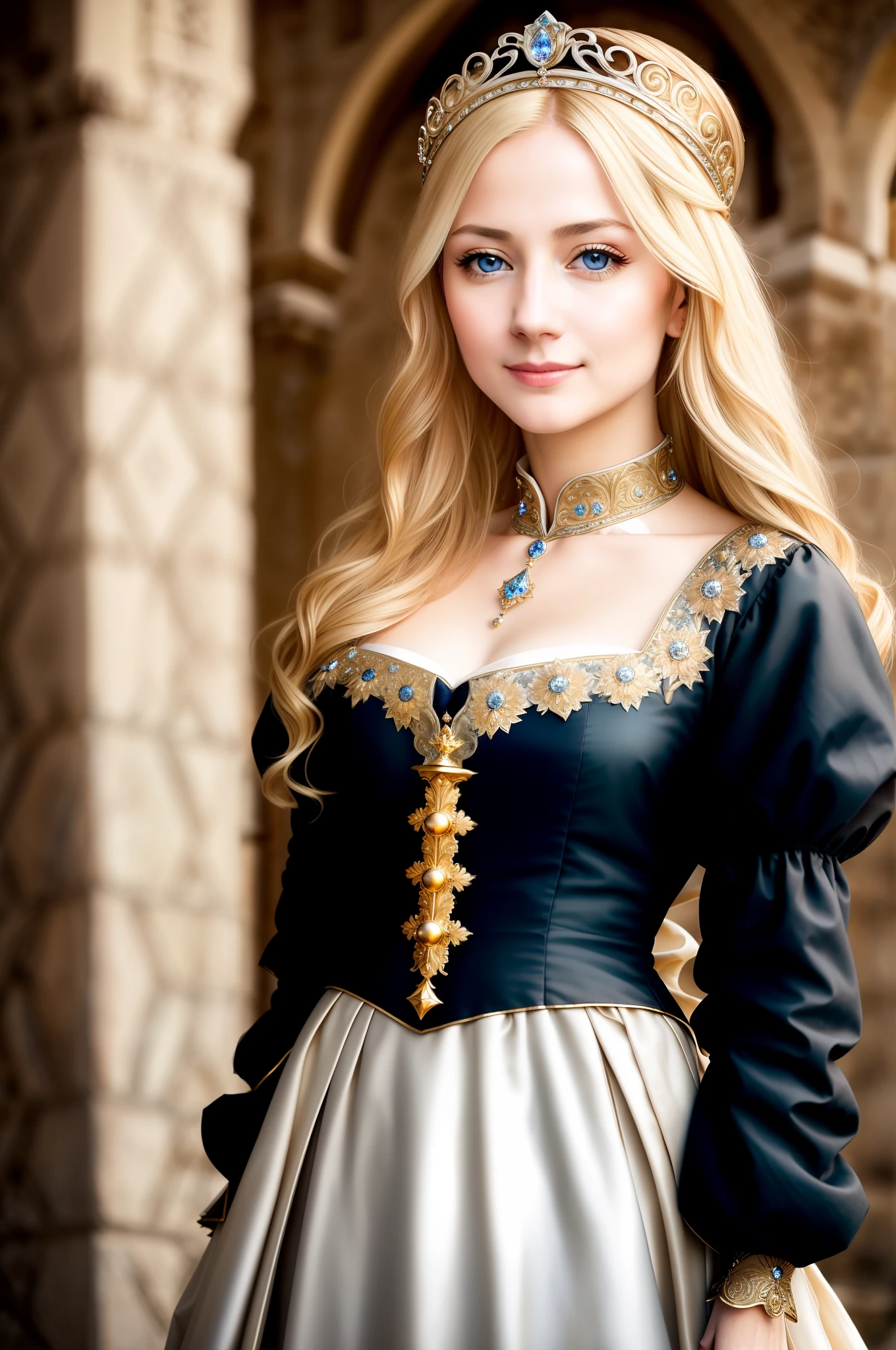 German amazingly beautiful woman, blonde hair, [Renaissance dress], realistic anatomy, realistic nose, ((((Medieval princess)))), photo, standing facing the front, looking at camera and smiling, straight, long-haired, beautiful mature girl, big, emphasized cleavage, [no accessories], sexy proportions, pale skin, feminine features, stocky body, mole, (light smile,:0.9), highly detailed, shiny eyes, small face, (looking at the camera), spectacular lighting, DSLR, super high quality, sharp focus, tack sharp, DOF, film grain, center, fujifilm XT3, crystal clear, masterpiece, 8k, (center of frame))), ((beautiful composition))), (professional composition)))), ((elegant composition))) ), ((Long skirt)), ((front shot)), (facing the viewer))), ((focus on the face))), ((detailed facial anatomy)))), (looking at the camera)))), (looking at the viewer))), (sunlight lighting)