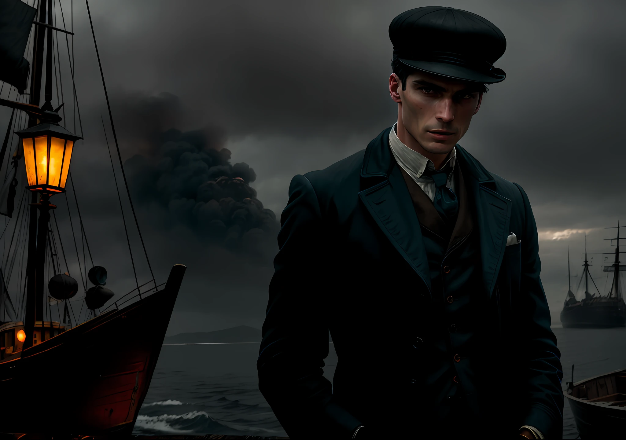 Thomas shelby without hat next to an old boat dark photo: realistic epic, soft cinematic portrait, adobe lightroom, photographic lab, highly detailed, faded, art by greg rutkowski and artgerm ,neutral colors: 1,2), (hdr:1,4) , (soft colors:1.2), hyperdetailed, (artstation:1.4), cinematic, warm lights, dramatic light, (intricate details:1.1), complex background, (rutkowski:0.66), (blue and orange:0.4)