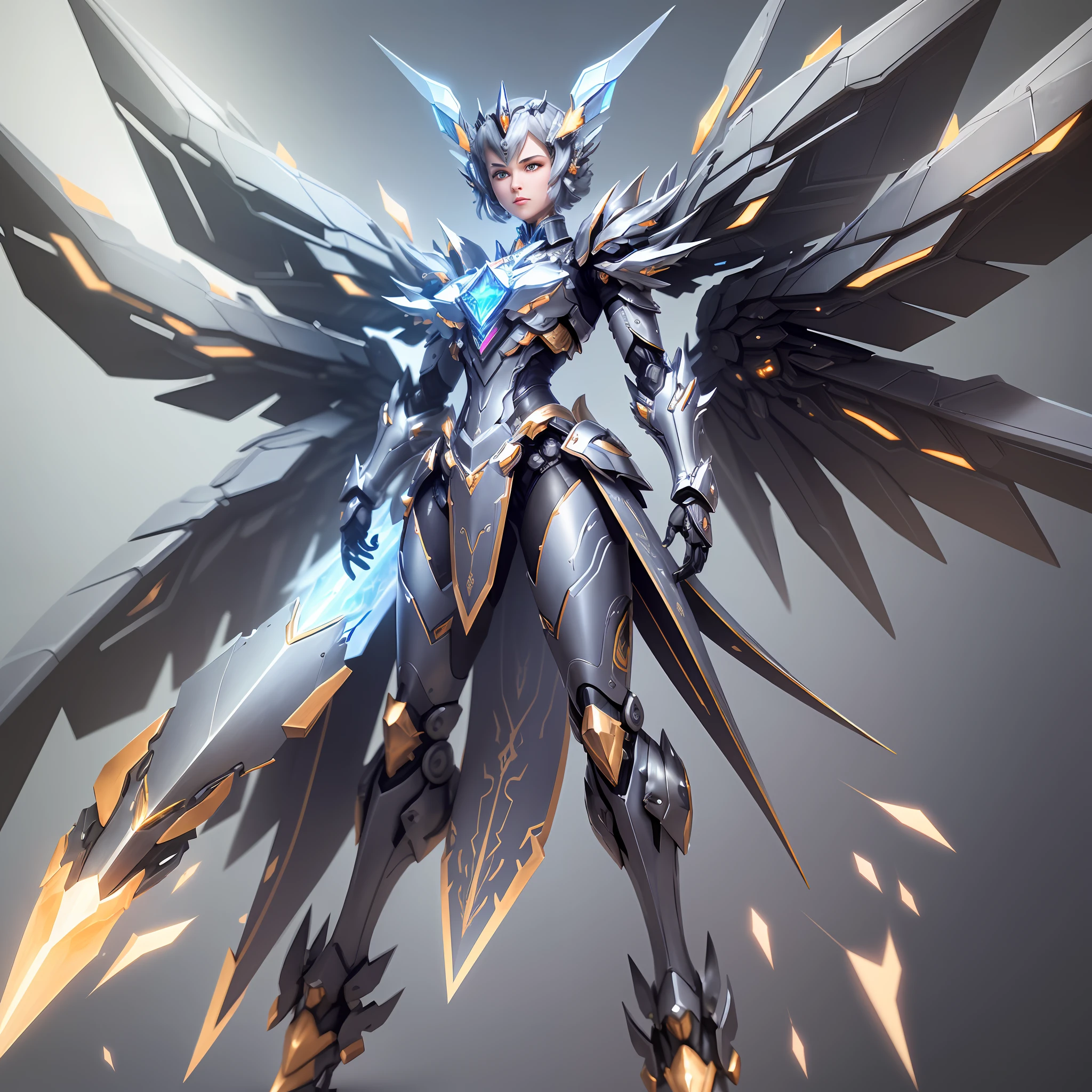 (The armor parts of the shoulders and chest are made of high-quality metal.), (Crystal decoration added to the surface) The entire armor looks very delicate, Futuristic, The crystal texture decoration makes it even more dazzling), (The unfolded state of the mechanical wings is very impressive.), It is made of high-strength metal materials, And added a crystal texture decoration. The structure of mechanical wings is very complex, The whole section consists of many small parts, with very high practicality), (The arm and hand are designed with ultra-strong metal materials.), Crystal texture decoration added to the surface).) The hand is equipped with a telescopic robotic arm and an energy shield, Very practical, Legs and feet: The legs and feet are designed with high-strength metal materials, A crystal-textured decoration is added to the surface. The feet are equipped with jet thrusters, Very stable and powerful, ((Mechanical Lady, Invincible mecha)), hair strand, eye reflection, v-shaped eyebrows, disdain, exquisite facial features, Perfect looks: 1.5, Surrealism, ray tracing, blending, stereogram, projected inset, vanishing point, wide shot, UHD, retina, masterpiece, HD, 8k