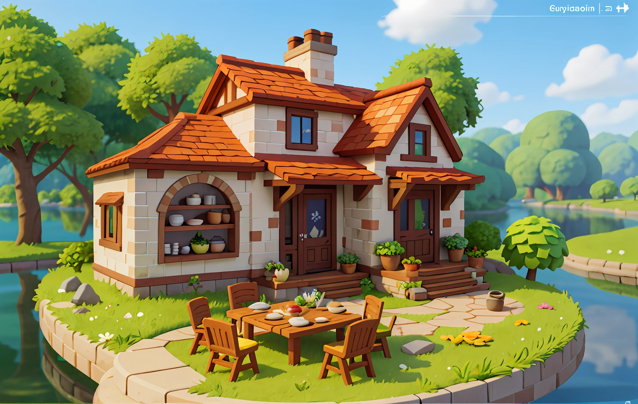 Cartoon style, polygon, game architectural design, fantasy, beautiful restaurant, table, meal, kitchen supplies, stone, brick, grass, river, flower, tree, casual game style, creative, best detail, cartoon style, 3d, blender, masterpiece, best quality, cartoon rendering, 8K