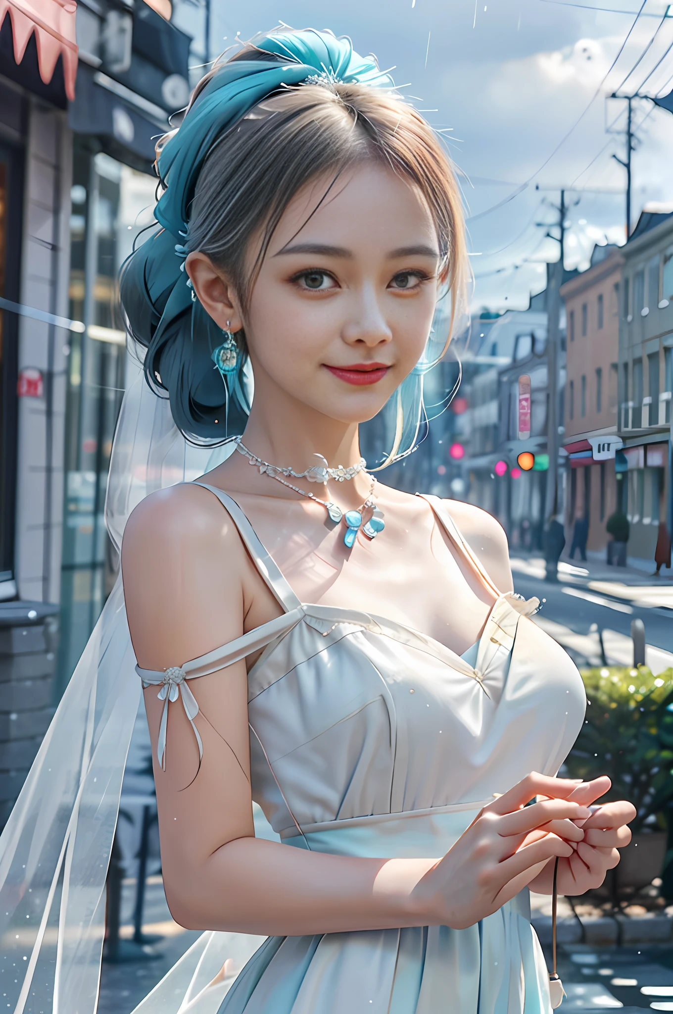 Full body photo, (extremely delicate and beautiful work), (masterpiece), 1girl, girl in white dress, high detail, waist leakage, ponytail twist, happy, happy, happy, smiling, charming expression, clear beautiful eyes, turquoise pupils, delicate necklace, delicate earrings, fairy ears, real light and shadow, extreme detail description, beautiful and charming, super fine painting, delicate face, delicate figure, delicate collarbone, cute lips, beautiful breasts, mix4, (8k, RAW photo, best quality, master:1.2), (realistic, photo-realistic:1.37),1girl,cute,cityscape,night,rain,wet,professional lighting,photon mapping,radiosity,physically-based rendering ,