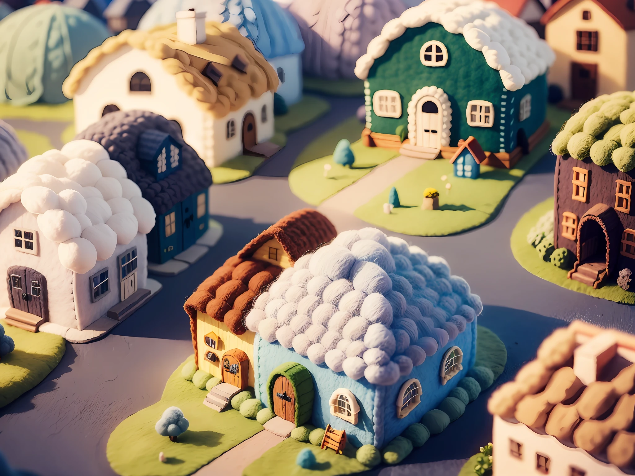 (cute world of wool felt, wool knitted fabric, cartoon), some small houses, farms, barracks, warehouses, flower houses, super cute, superb lighting, volumetrics, by Jon Klassen, Ghibli Studio style, Tilt - shift, 80mm lens, Large aperture, 3d, blender, masterpiece, super detail, best quality, --v6