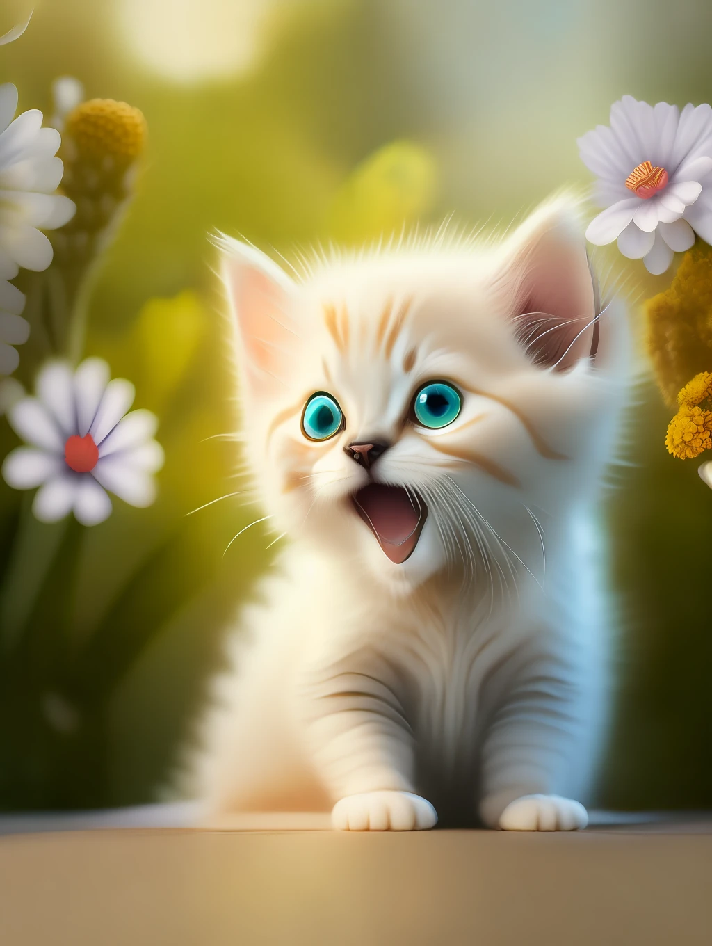 Very cute furry white tropical punk kitten, big eyes, flowers, bushes, full body, open mouth, laugh, professional light, depth of field 8k, golden magic moment, professional photography, octane rendering, super realistic - amazing sunlight, dynamic composition, photography, sharp focus, background bokeh, open mouth, laugh !!!