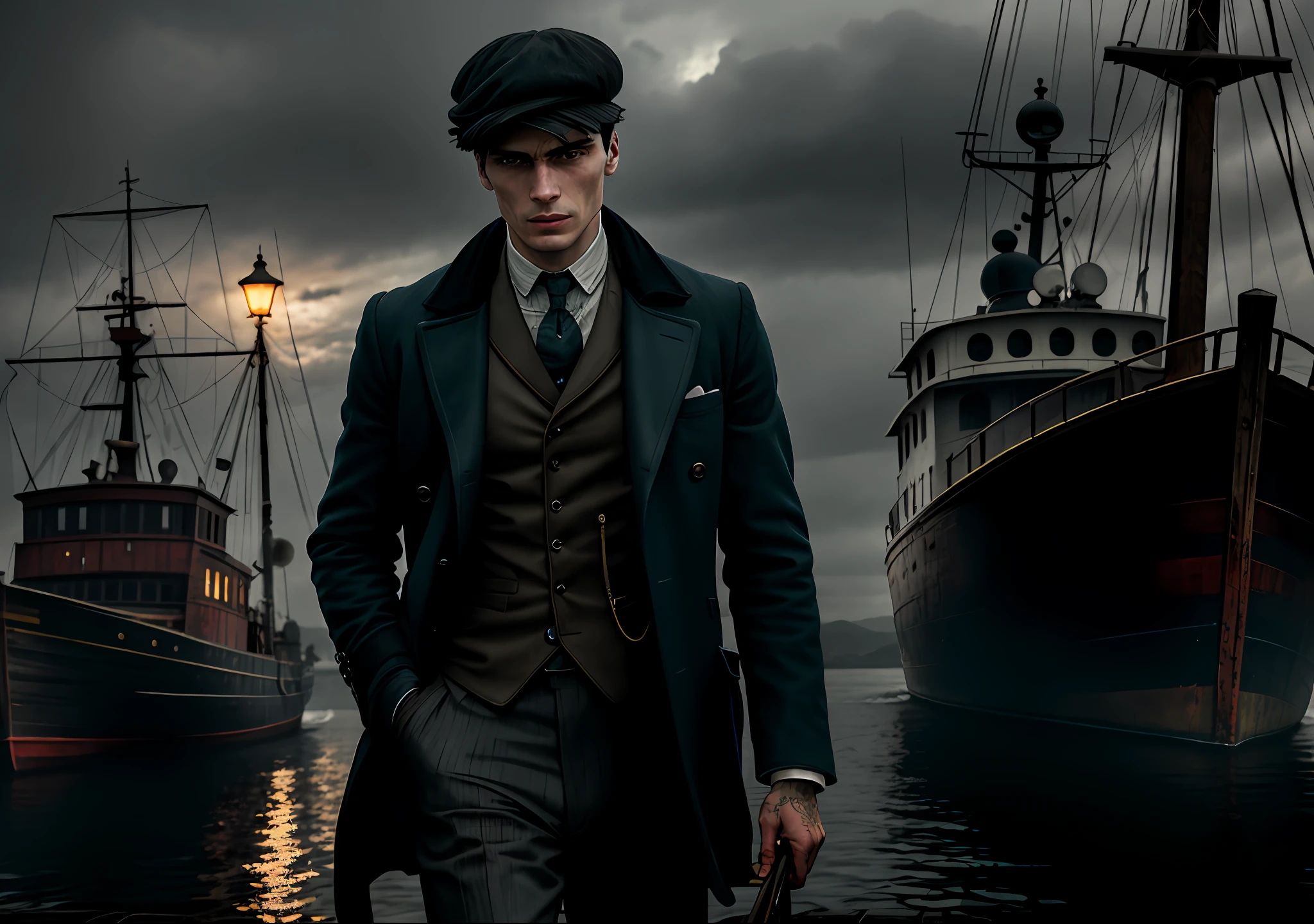 Thomas shelby alone and without a hat next to an old boat Dark photo: realistic epic, soft cinematic portrait, adobe lightroom, photographic lab, highly detailed, faded, art by greg rutkowski and artgerm ,neutral colors: 1,2), (hdr: 1,4) , (soft colors:1.2), hyperdetailed, (artstation:1.4), cinematic, warm lights, dramatic light, (intricate details:1.1), complex background, (rutkowski:0.66), (blue and orange:0.4)