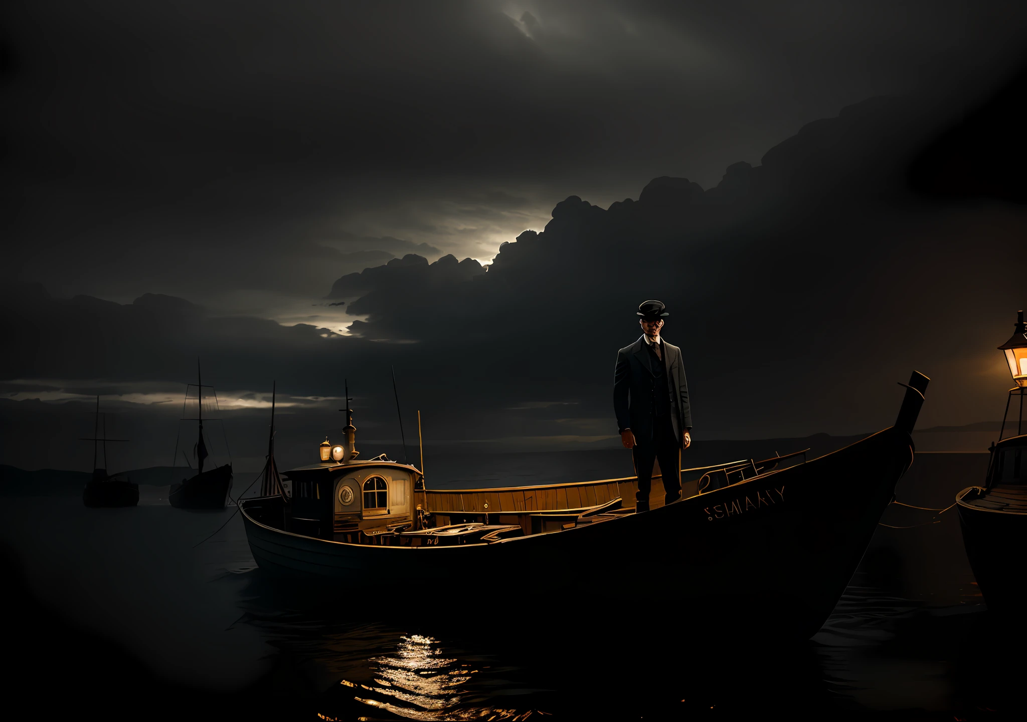 Thomas shelby alone and without a hat next to an old boat Dark photo: realistic epic, soft cinematic portrait, adobe lightroom, photographic lab, highly detailed, faded, art by greg rutkowski and artgerm ,neutral colors: 1,2), (hdr: 1,4) , (soft colors:1.2), hyperdetailed, (artstation:1.4), cinematic, warm lights, dramatic light, (intricate details:1.1), complex background, (rutkowski:0.66), (blue and orange:0.4)