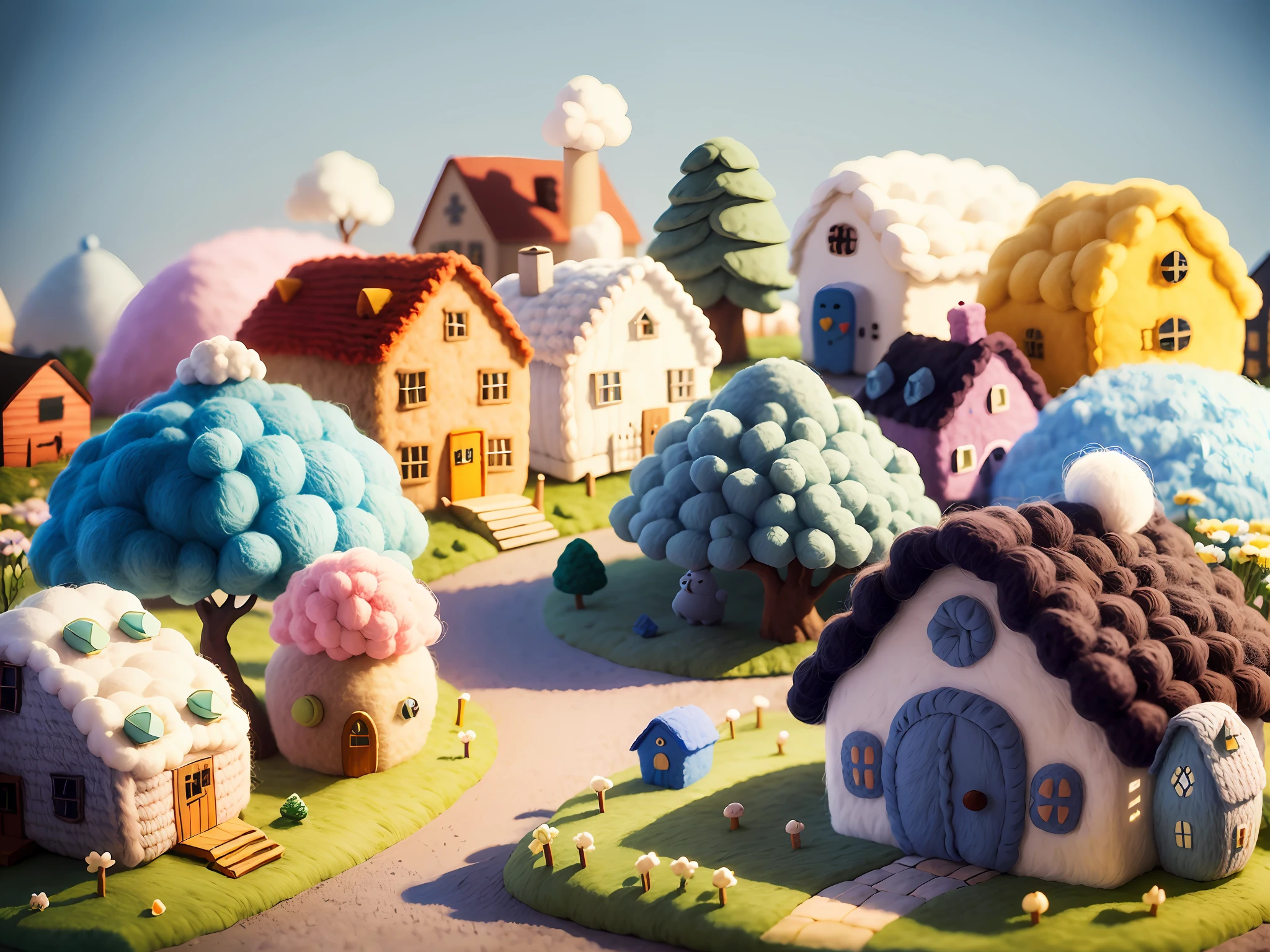 (cute world of wool felt, wool knitted fabric, cartoon), some small houses, farms, barracks, warehouses, flower houses, super cute, superb lighting, volumetrics, by Jon Klassen, Ghibli Studio style, Tilt - shift, 80mm lens, Large aperture, 3d, blender, masterpiece, super detail, best quality, --v6