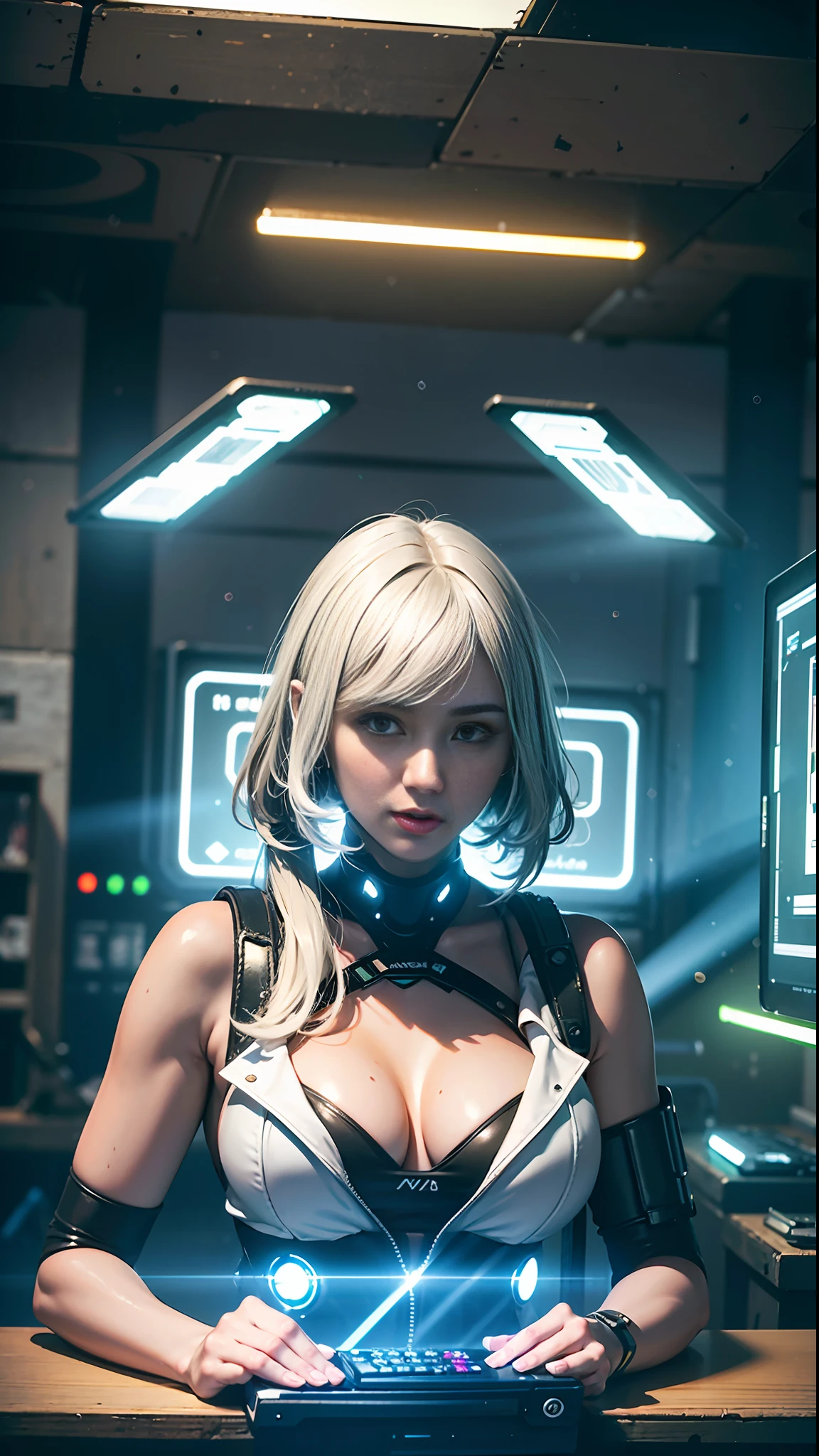 ((Best quality)), ((masterpiece)), (highly detailed:1.3), 3D, beautiful (cyberpunk:1.3) female hacker with thick voluminous hair operating a computer terminal, computer servers, LCD screens, fibre optic cables, corporate logos,HDR (High Dynamic Range),Ray Tracing,NVIDIA RTX,Super-Resolution,Unreal 5,Subsurface scattering,PBR Texturing,Post-processing,Anisotropic Filtering,Depth-of-field,Maximum clarity and sharpness,Multi-layered textures,Albedo and Specular maps,Surface shading,Accurate simulation of light-material interaction,Perfect proportions,Octane Render,Two-tone lighting,Low ISO,White balance,Rule of thirds,Wide aperature,8K RAW,Efficient Sub-Pixel,sub-pixel convolution,luminescent particles,