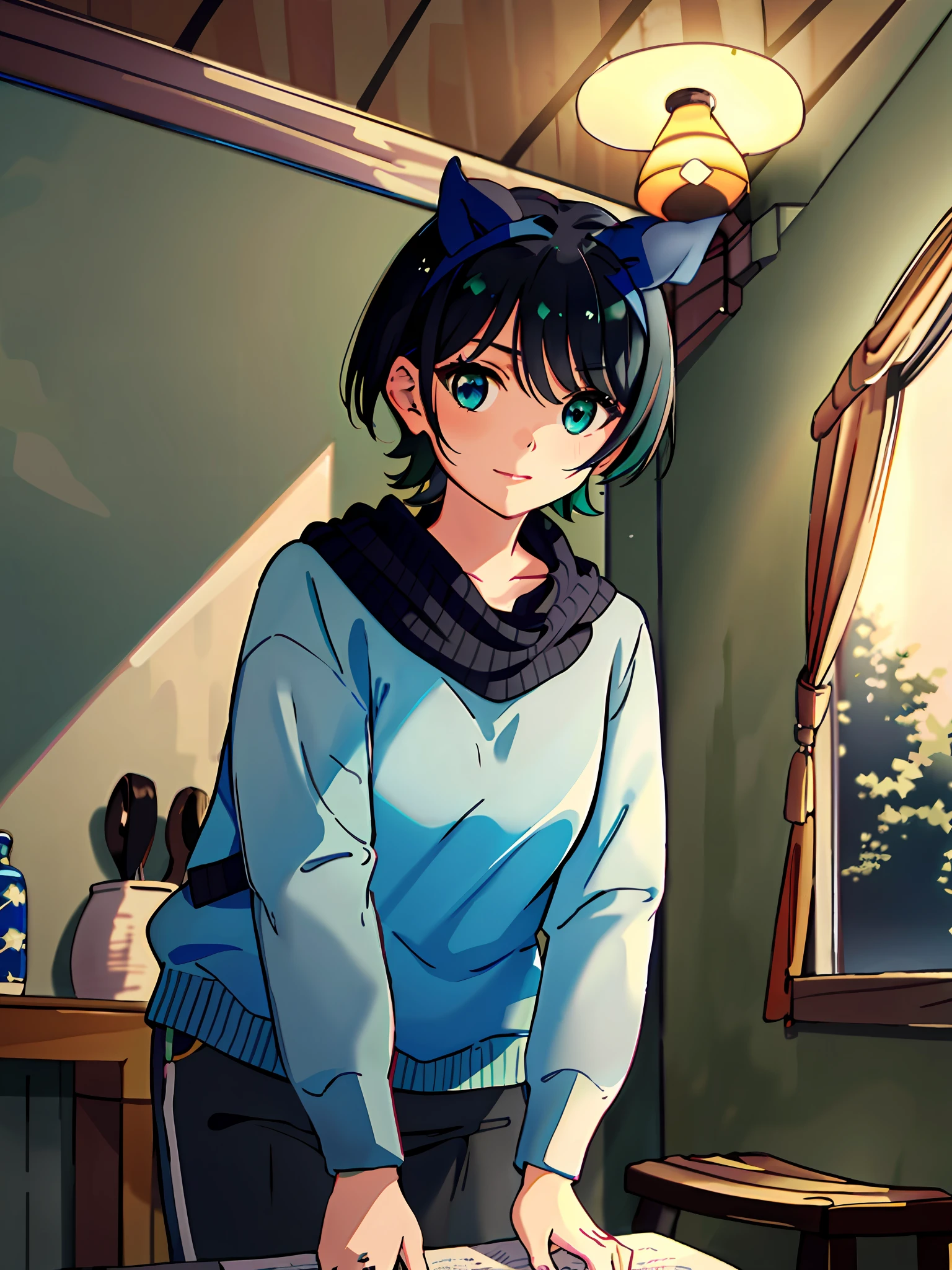 high res, masterpiece, Ruka Sarashina,short hair, black hair, ((solo)), 1girl, cute, indoors, detailed eyes, ((blue_green eyes))