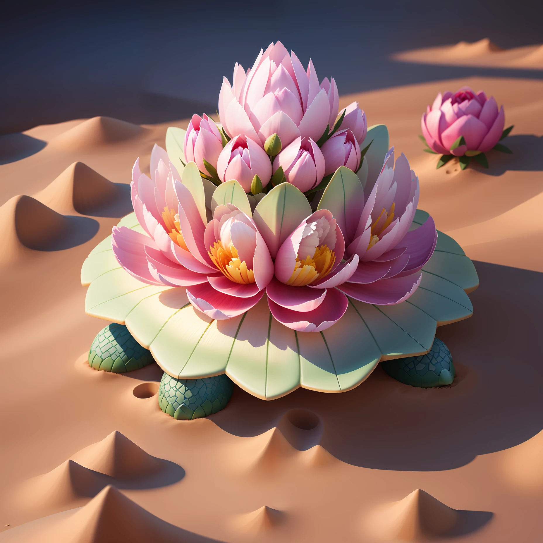 photorealistic turtle shell on sand, peony flowers around, game design, high quality, white background, dimetric view,