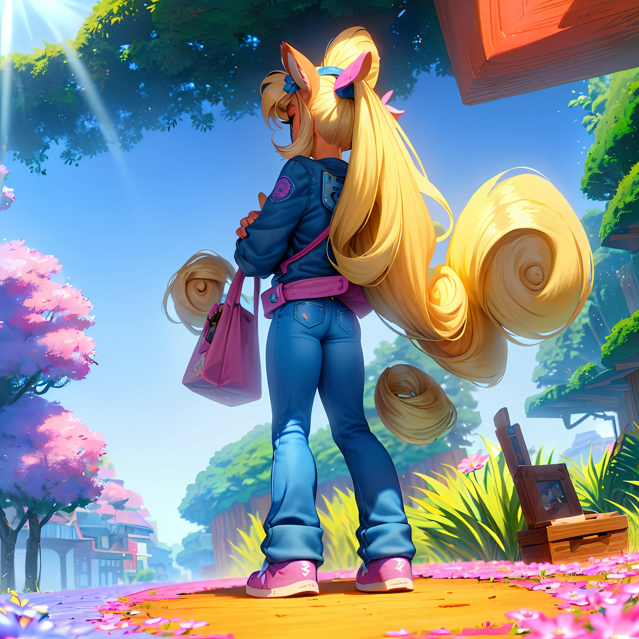 coco, furry, (((semi-realistic masterpiece))), (amazing background details), (amazing lighting), blonde hair, ponytail, flower in hair, pointy ears, blue eyes, white shirt (yellow flower in the center), denim jeans (blue), pink and white sneakers, pink nails, (looking on phone:1.2), walking on pathway, outside (forest, daytime), light rays (raytracing),