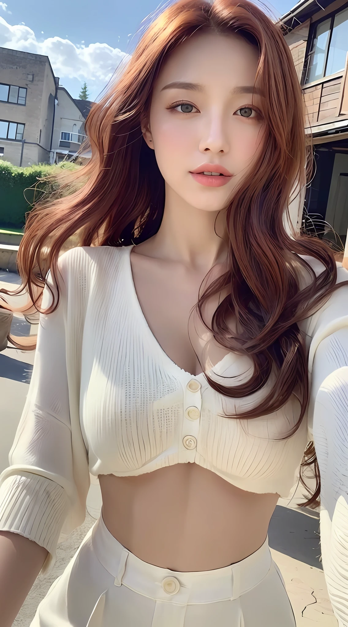 ((Realistic lighting, Best quality, 8K, Masterpiece: 1.3)), Clear focus: 1.2, 1girl, Perfect body beauty: 1.4, Slim abs: 1.1, ((Red hair, Milk: 1.3)), cowgirl pose, (Outdoor, daytime: 1.1), country street, super fine face, fine eyes, double eyelids, curly hair, fair skin