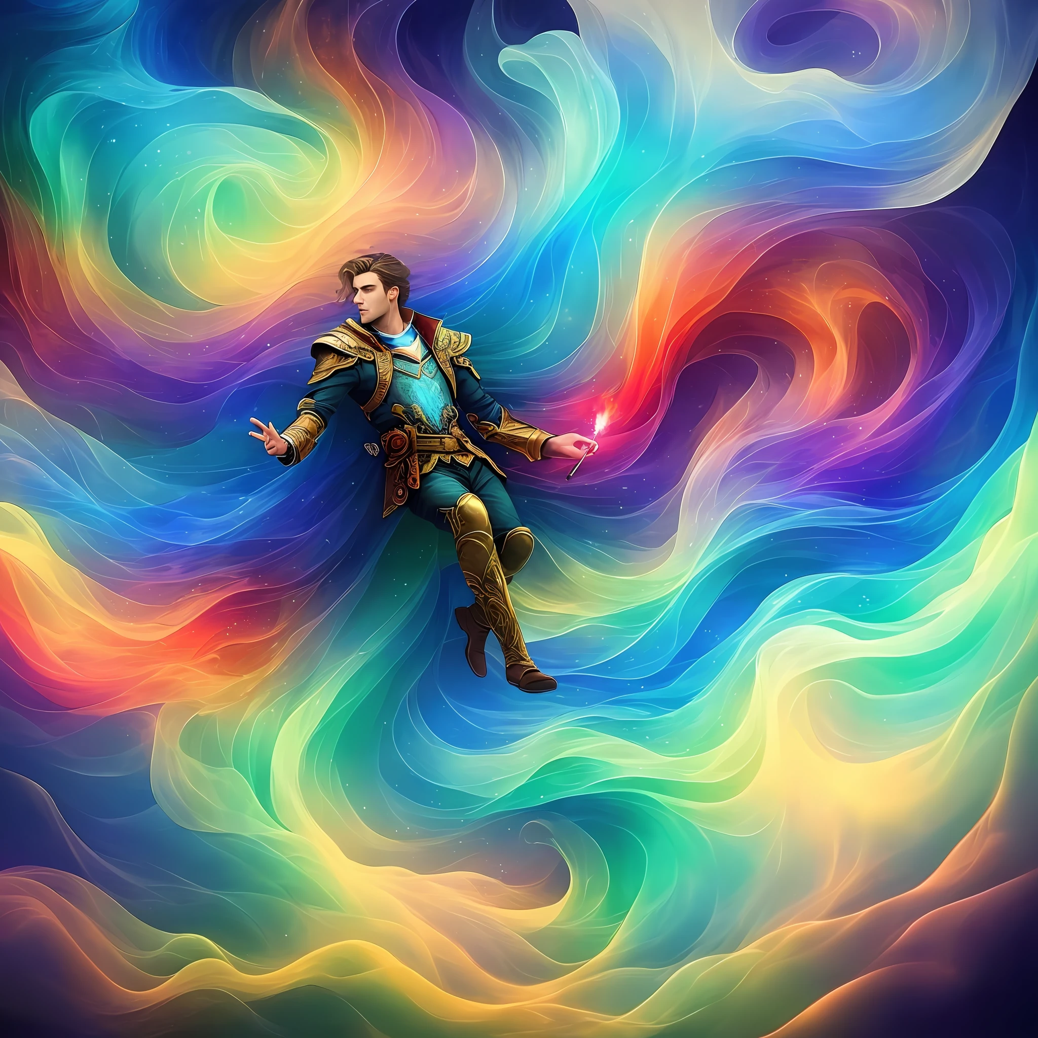 (masterpiece,best quality,best picturing)a man floating on air, smoke on man 100%, fantasy colouring, fantasy colour waves background, 100% look good, best design, smoke everywhere, vivid colour