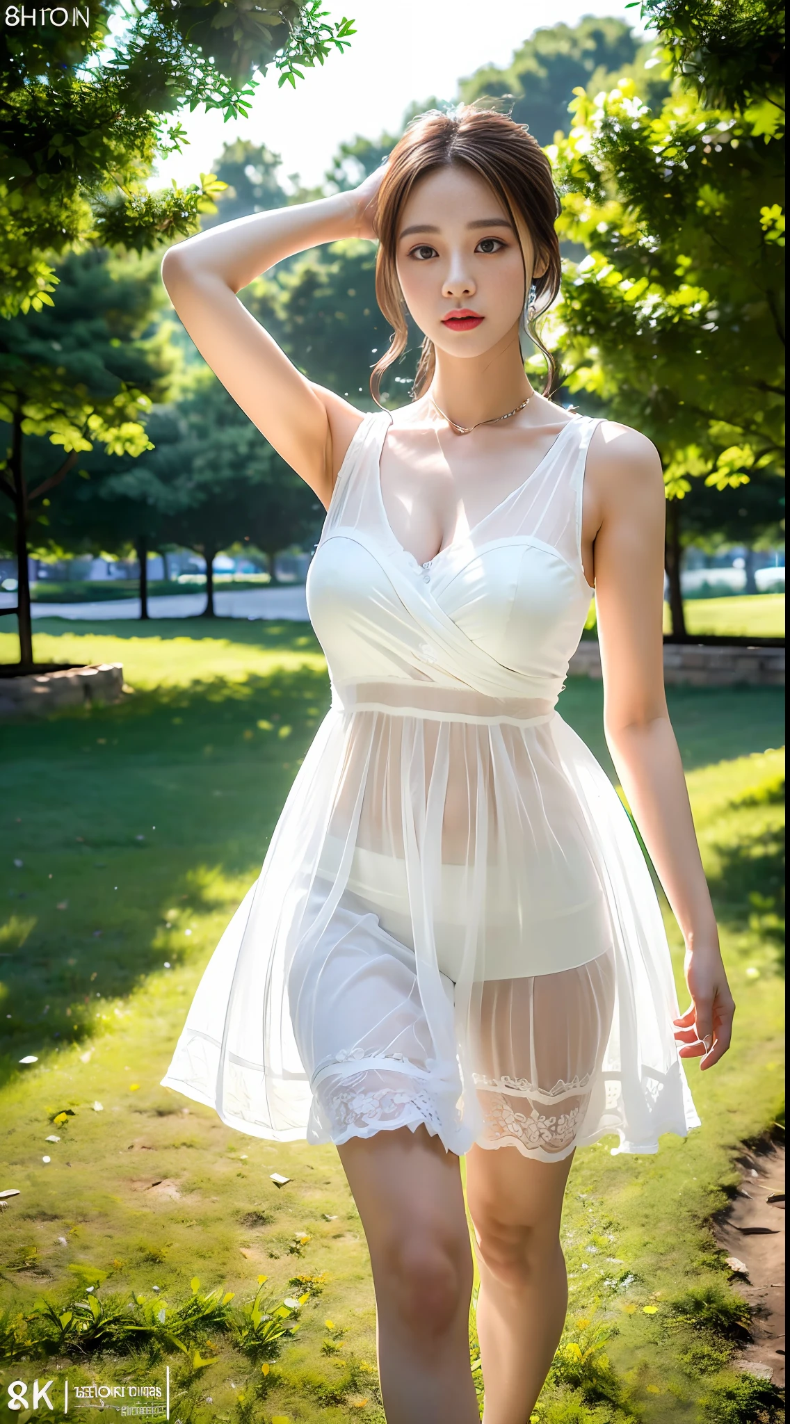 (8k, RAW photo, best quality, masterpiece:1.2), (realistic, photo-realistic:1.37), professional lighting, photon mapping, radiosity, Korean Doll, park, white summer dress