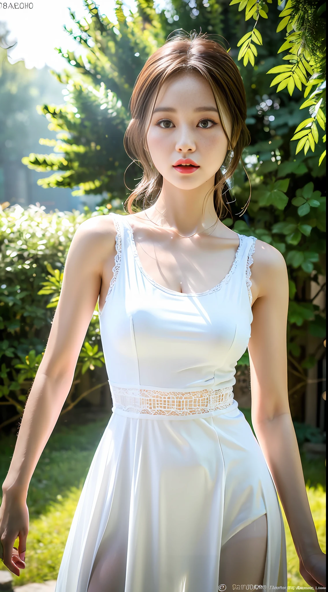 (8k, RAW photo, best quality, masterpiece:1.2), (realistic, photo-realistic:1.37), professional lighting, photon mapping, radiosity, Korean Doll, park, white summer dress