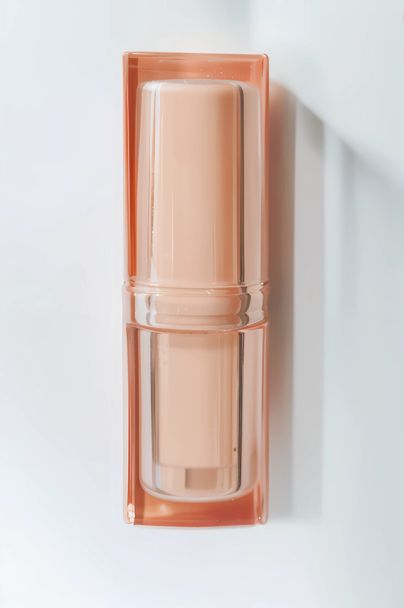 The picture is a lip balm packaging material, please give a beautiful product real picture, close-up product photo, texture base according to my picture; Product photo, light pink lipstick, scratched vial, detailed product image, 3/4 view from below, diffuse natural skin shine, light blush, set on white background, long lens from front, highly polished, product photo, full product shot