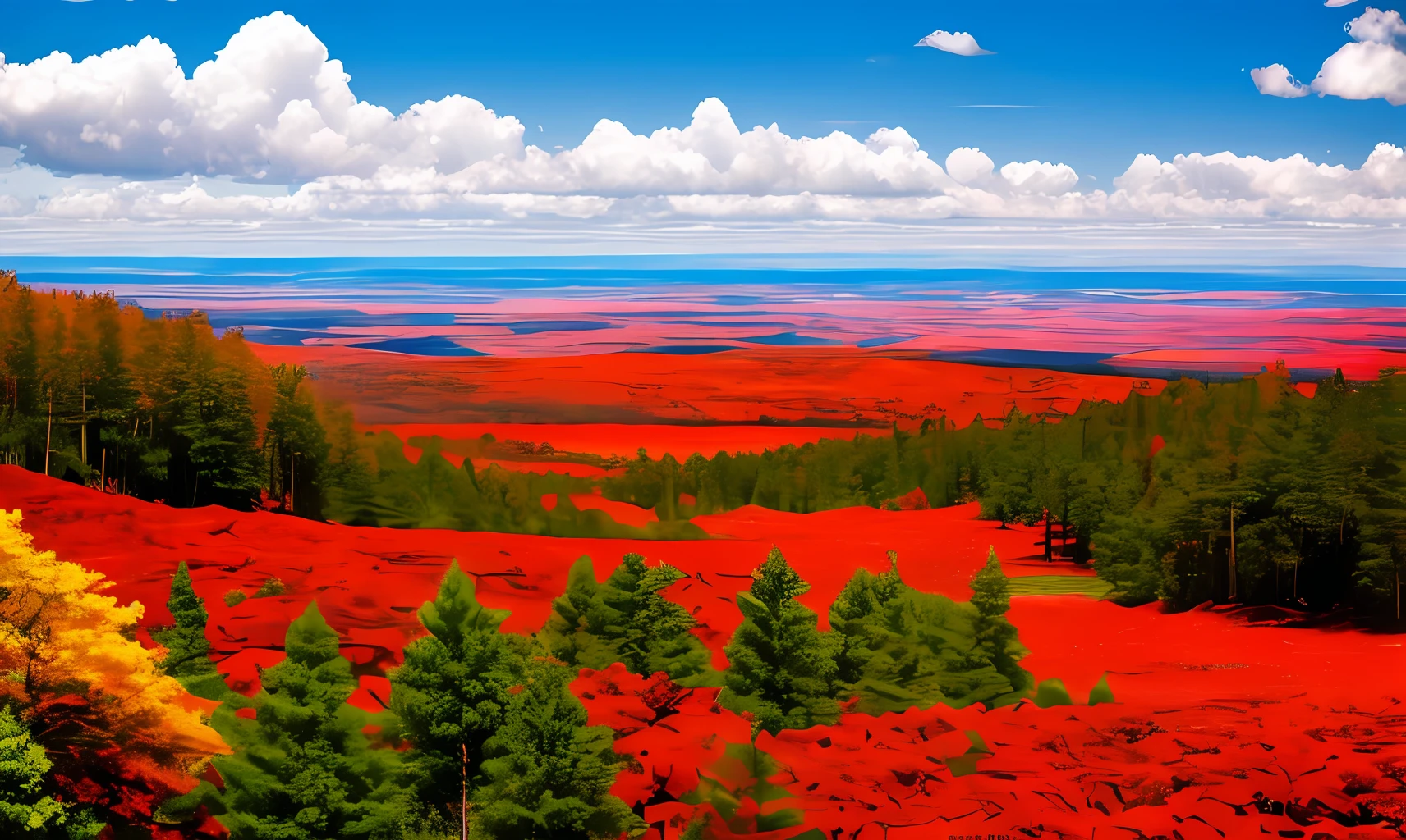 Sky, sea of clouds, big red stones, fresh land, trees, bright colors, real scenery leaves are clearly visible. Wheels within wheels. 9:16