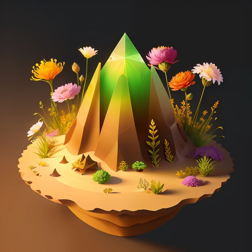 fantasy sand anthill with flowers, dimetric view, game design, high quality, cartoon style, cute, transparent background